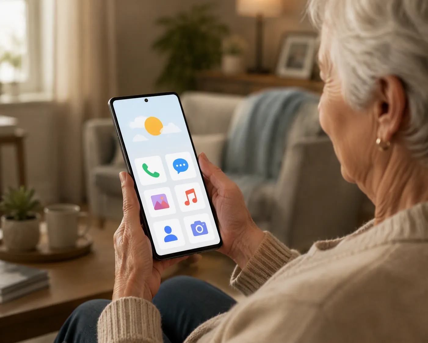 Older adult holding a large smartphone with a bright high-contrast interface