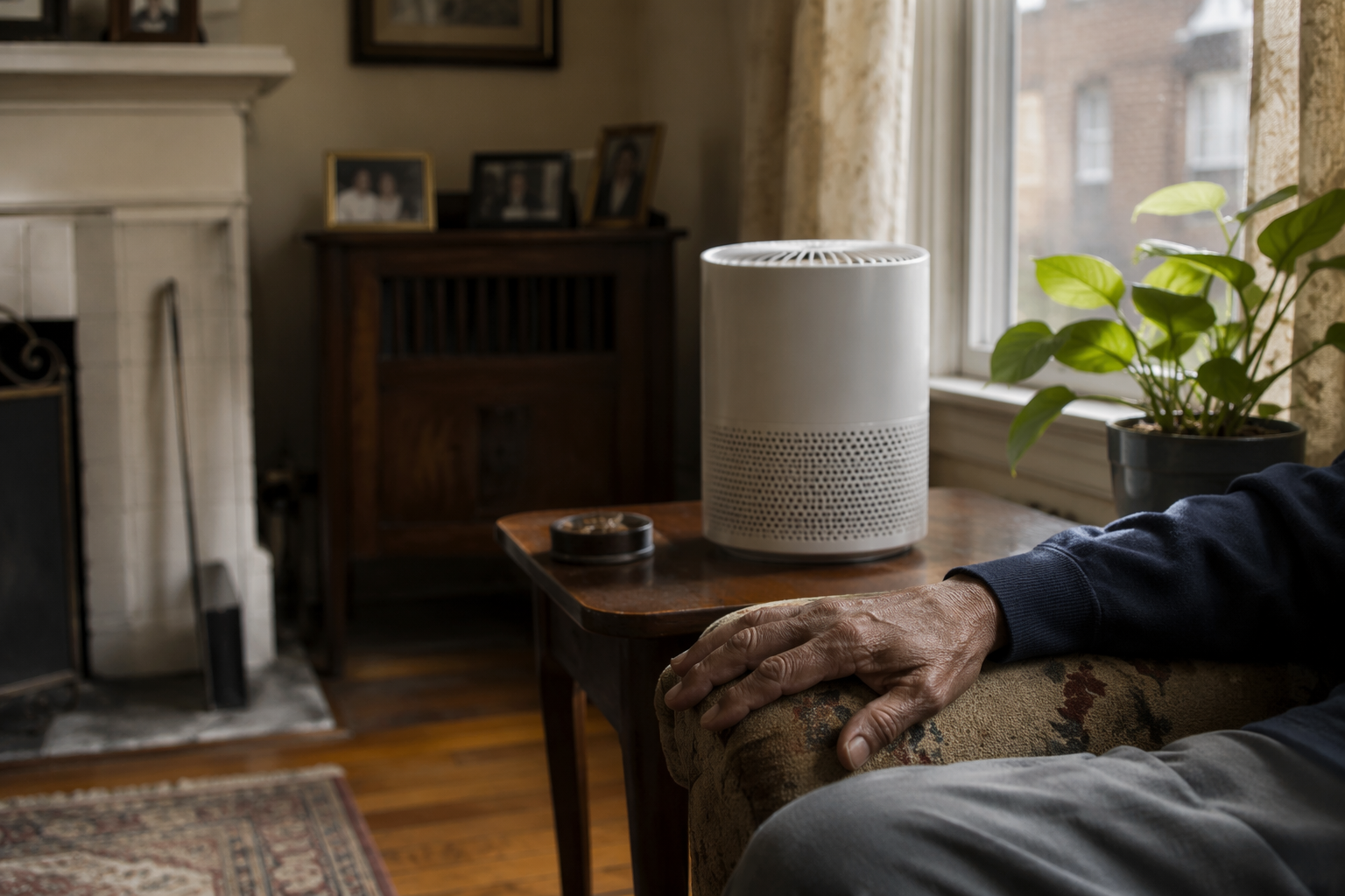 Older Detroit living room with a portable air purifier near a worn armchair