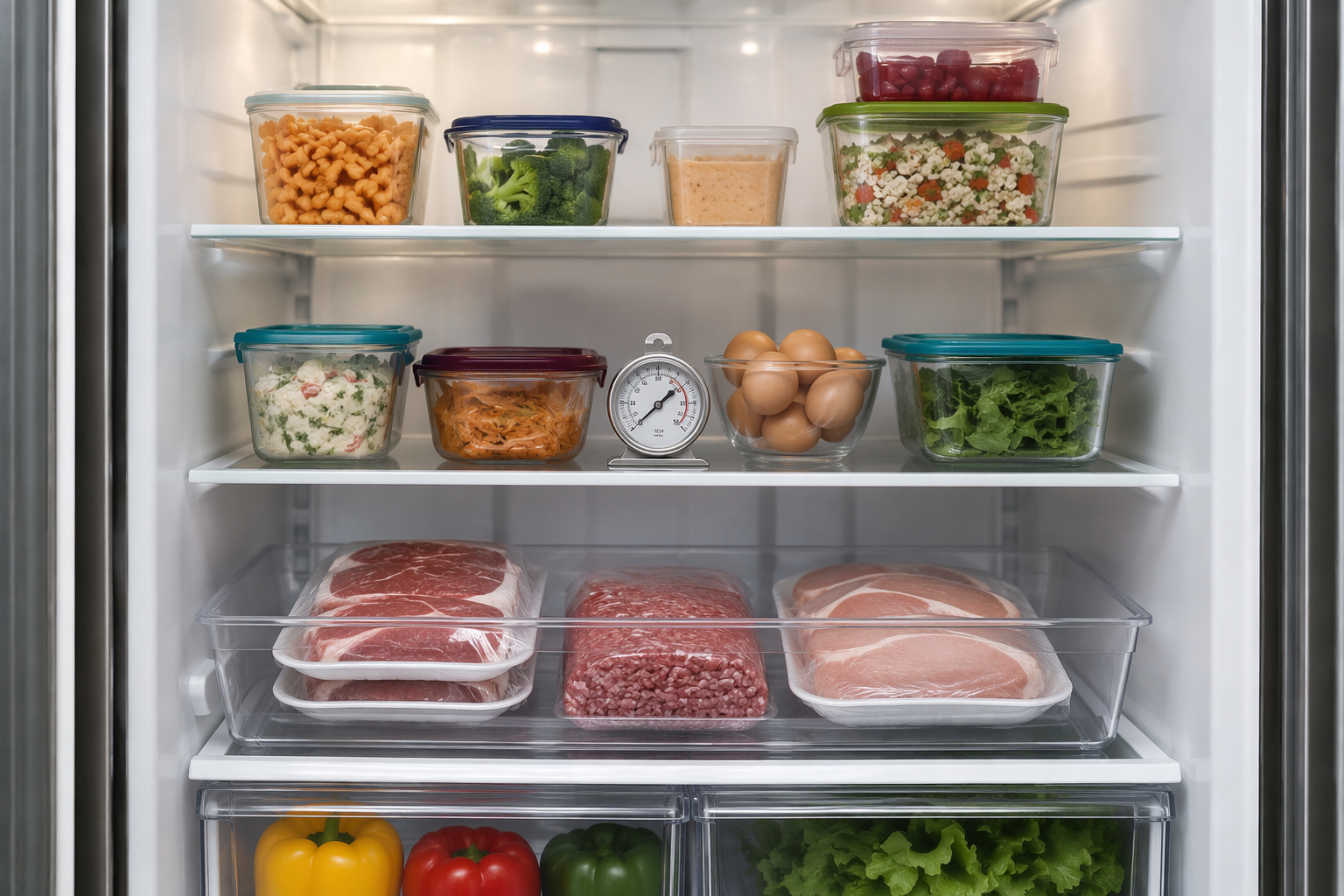 Organized refrigerator with raw meat stored on the bottom shelf, labeled leftovers, and a refrigerator thermometer