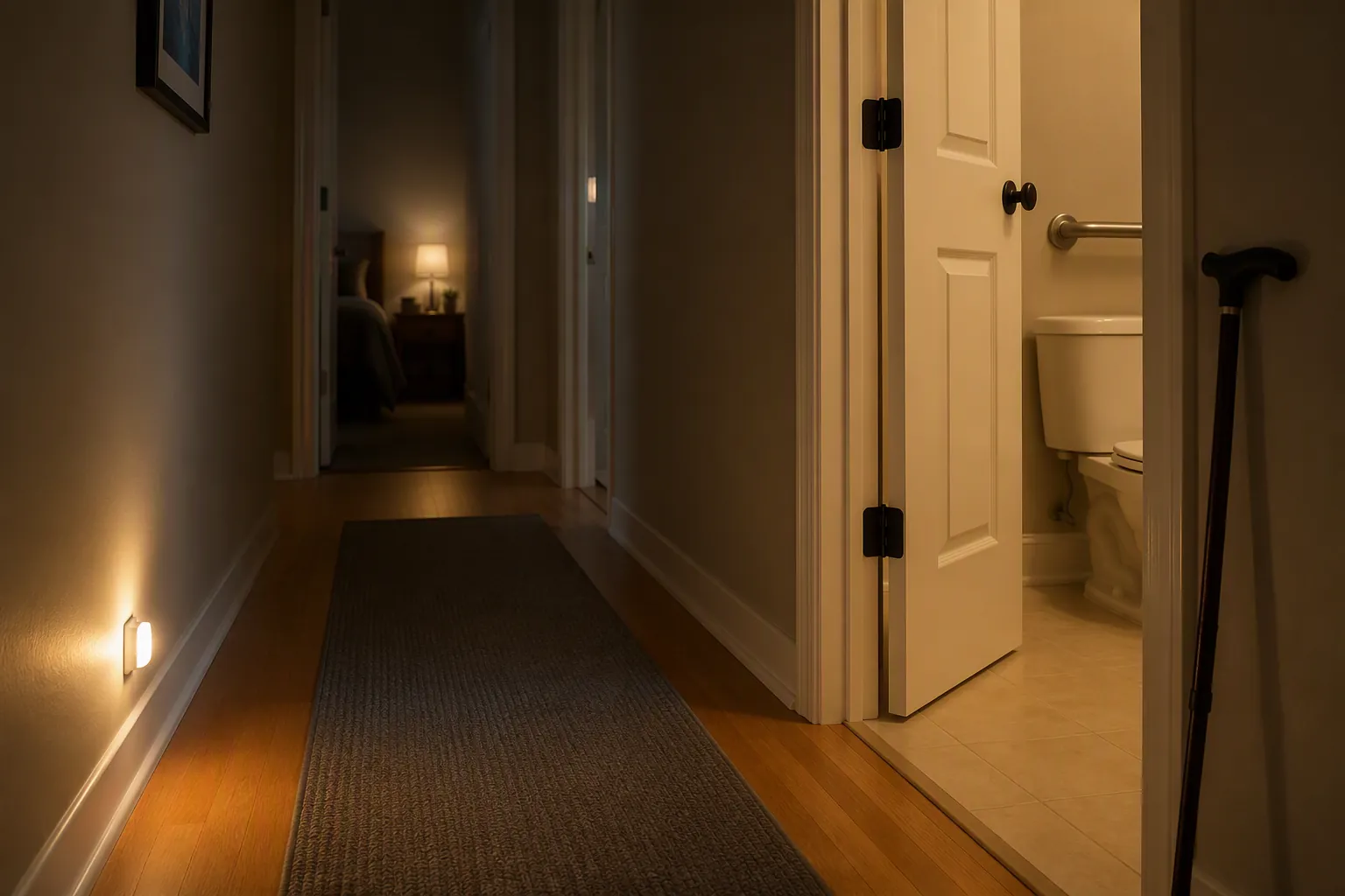 Clutter-free hallway at night with a nightlight, cane, non-slip mat, and open bathroom door with a grab bar