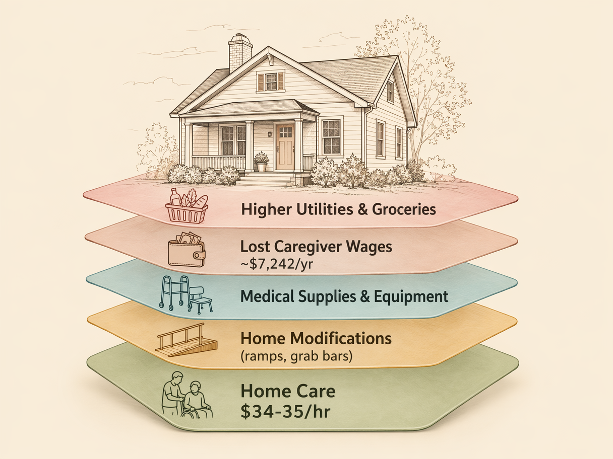 An editorial illustration showing a house at the center with translucent colored layers stacking around it, each labeled with a different hidden cost of home care.