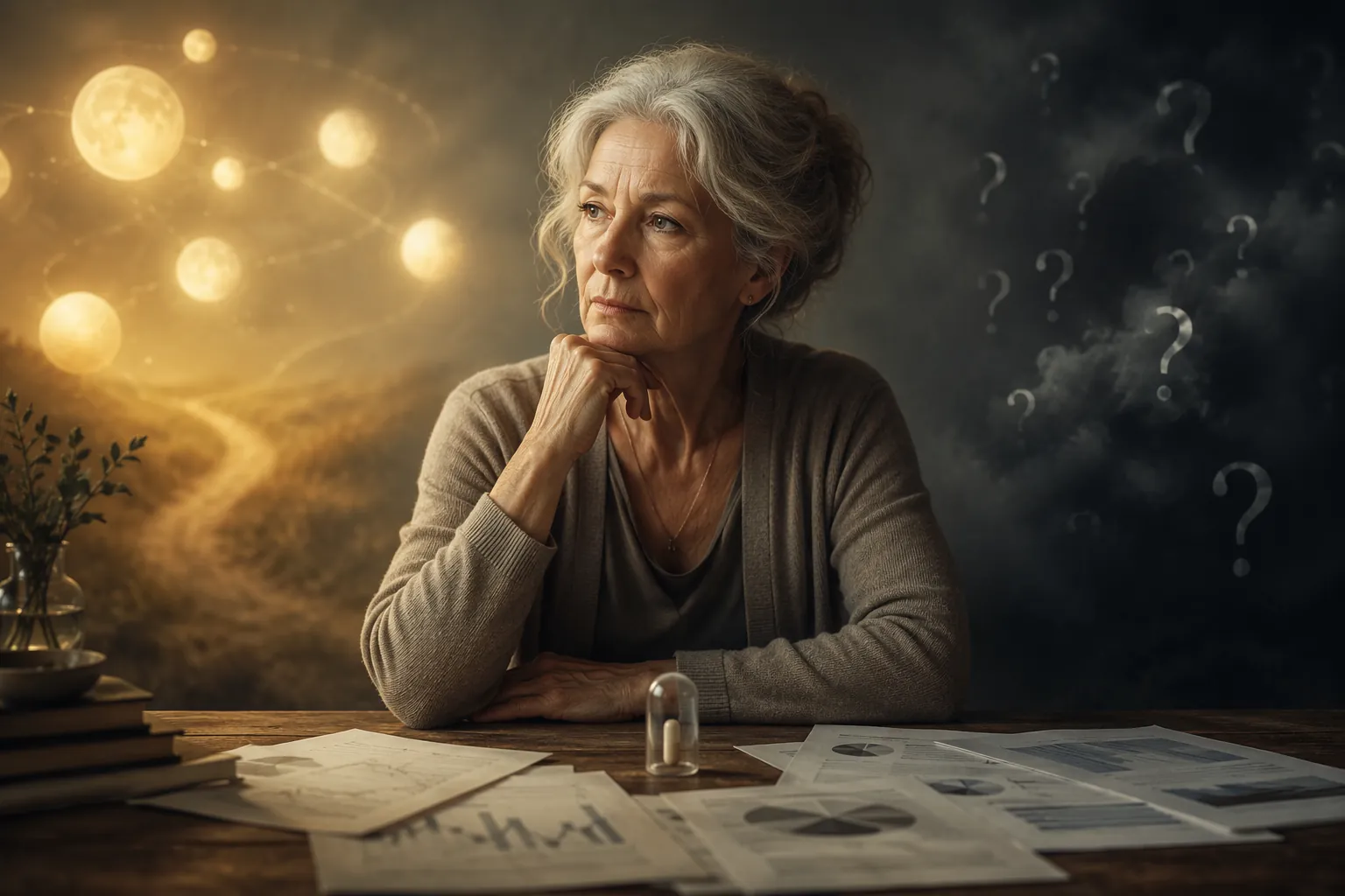 An older woman at a table with a capsule and research papers, weighing hope against unanswered questions about microdosing