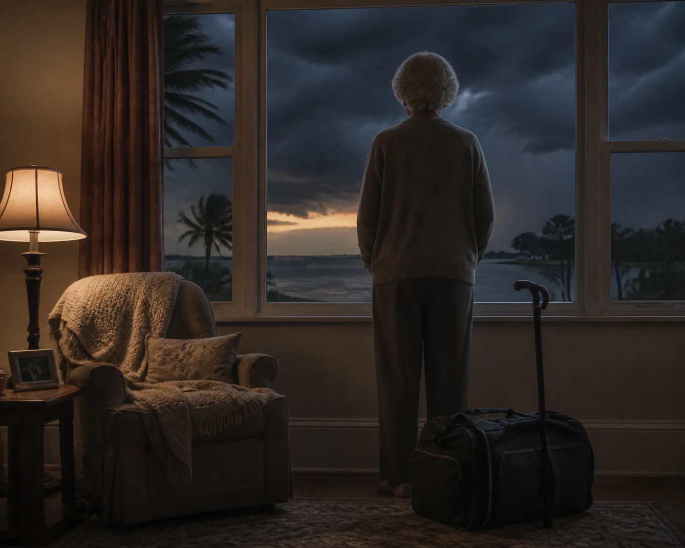 Older adult looking out at storm clouds with a packed go-bag and cane nearby