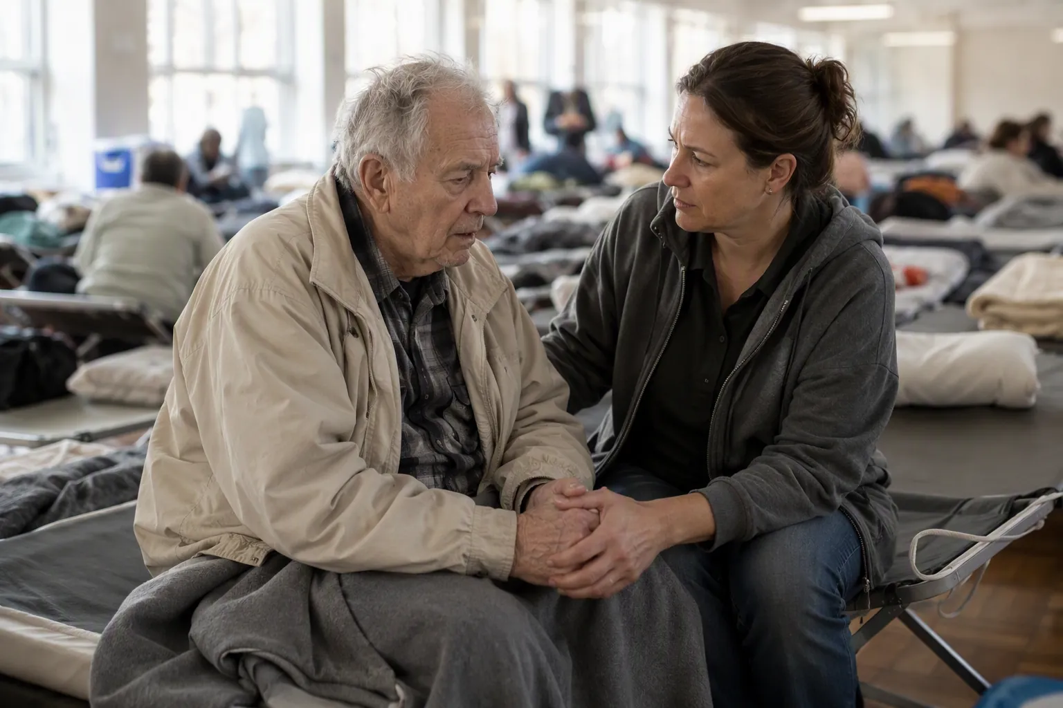 Caregiver stays close beside an elderly man with dementia in an unfamiliar evacuation shelter