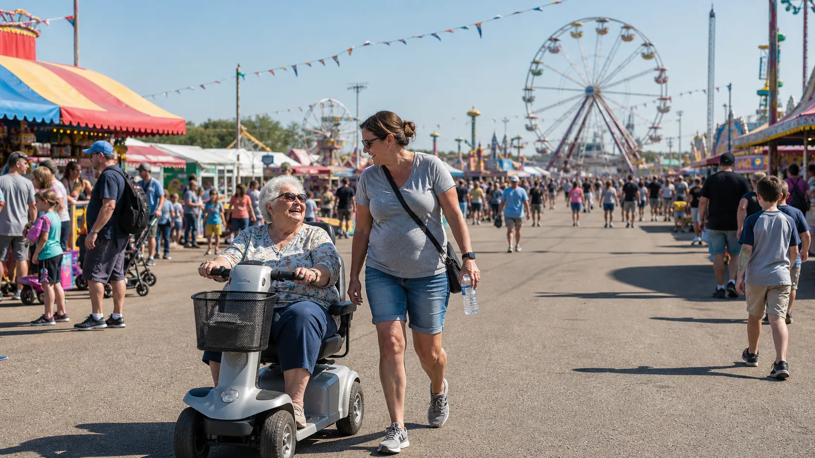Older woman using a mobility scooter at a sunny crowded state fair with her adult daughter walking beside her
