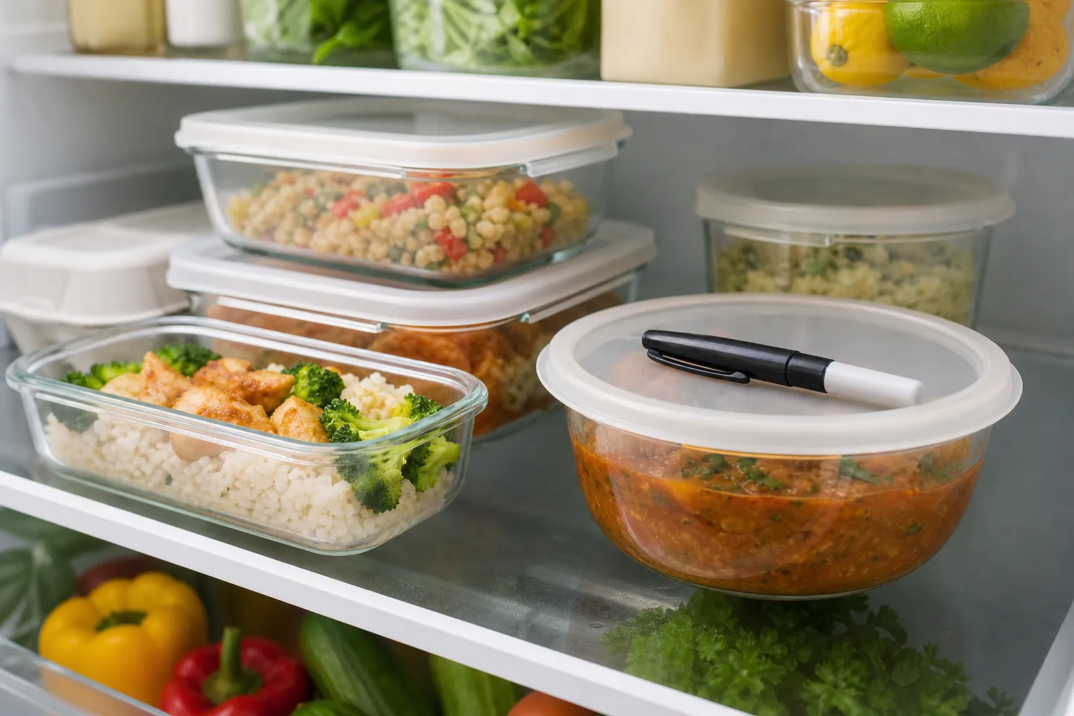 Shallow glass leftover containers in a refrigerator with a marker on one lid