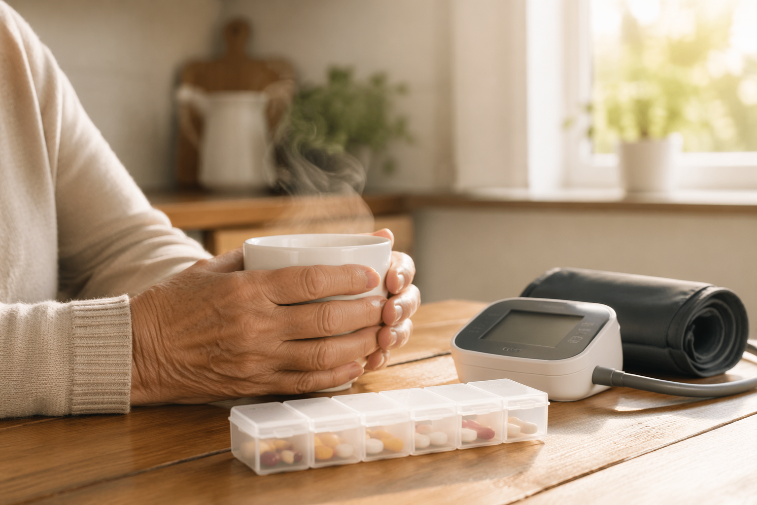 Elderly hands holding coffee beside a pill organizer and home blood pressure monitor in morning light