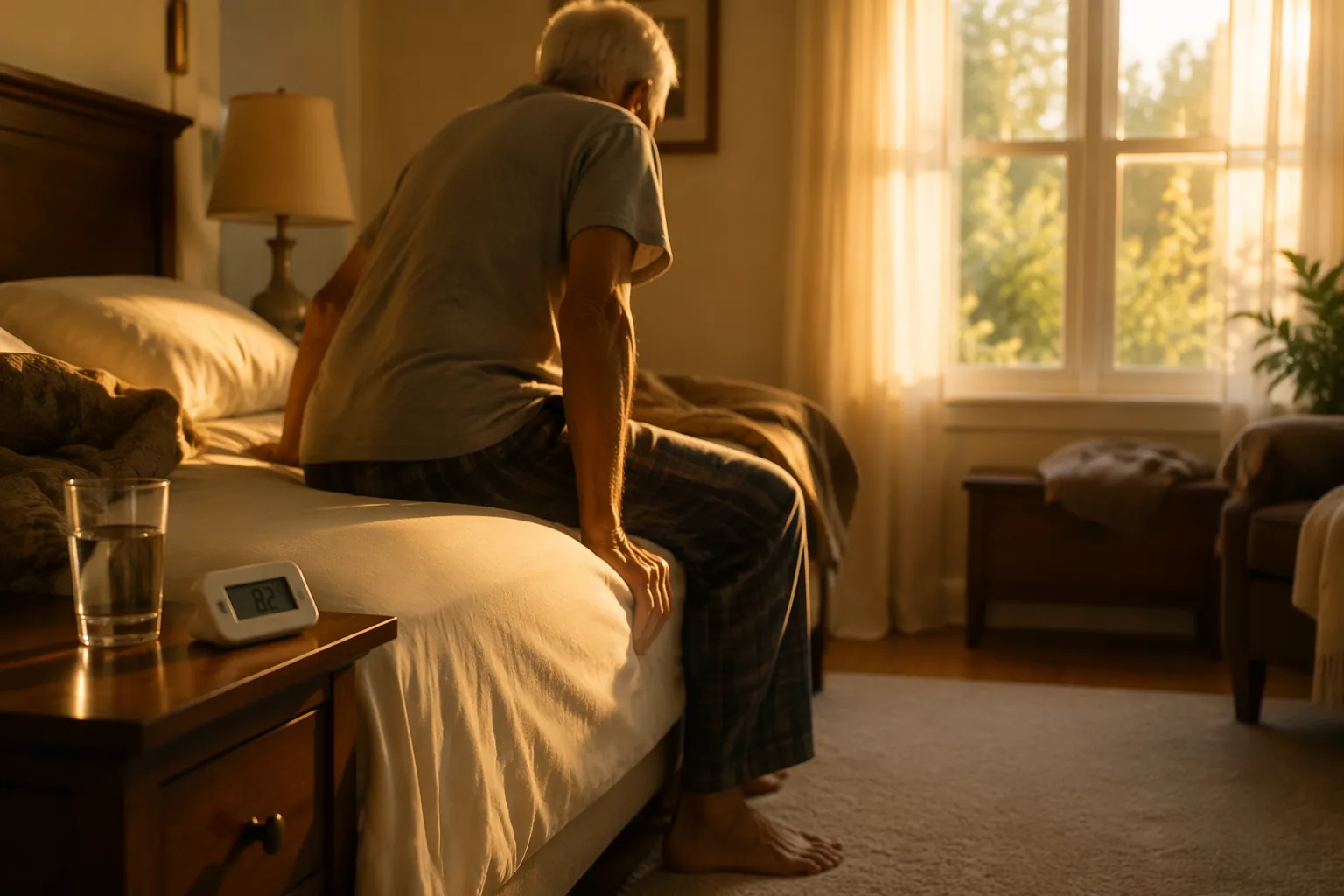 Older adult sitting on the edge of a bed in a warm morning bedroom with a thermometer and glass of water nearby
