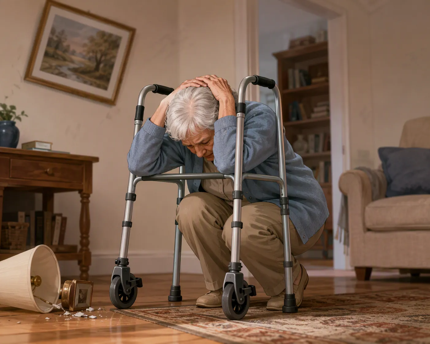 Senior using a walker in a modified earthquake protective posture with wheels locked and head protected