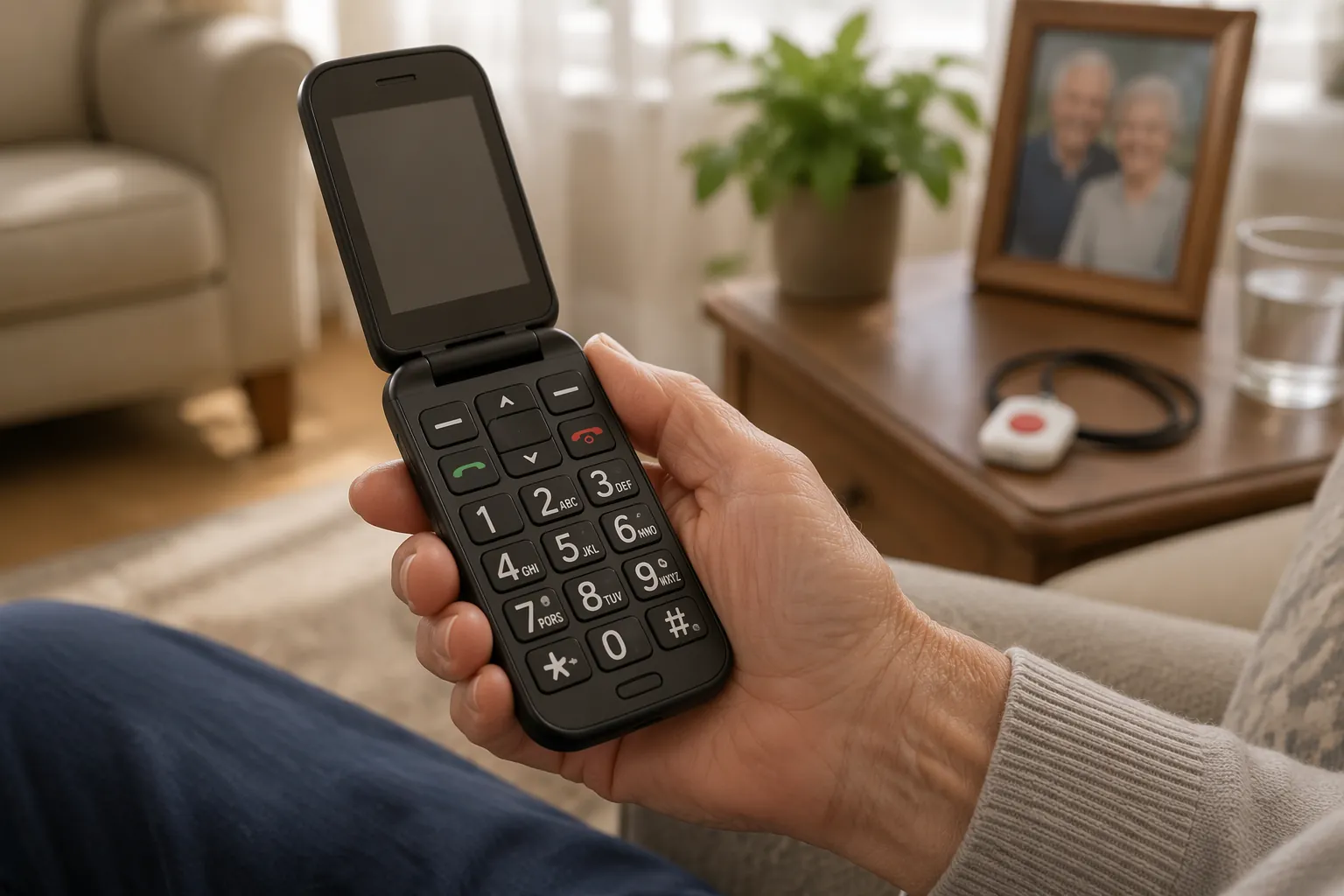Elderly hand holding an open flip phone with an oversized backlit keypad in a living room
