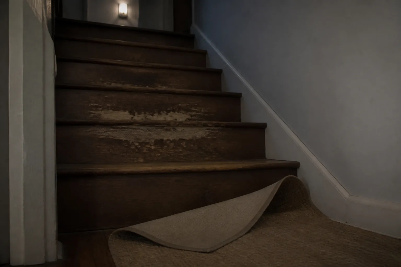 Dim stairway with worn steps, a loose rug corner, faint night light, and no visible handrail