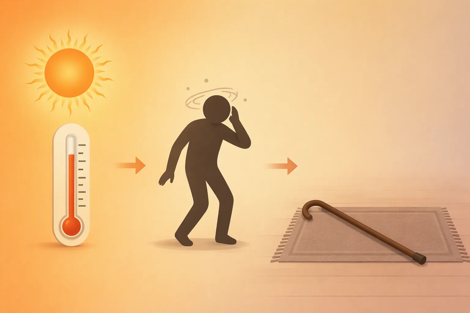 A sequence showing heat, dizziness, and a cane lying on a rug to represent the path from heat stress to a fall