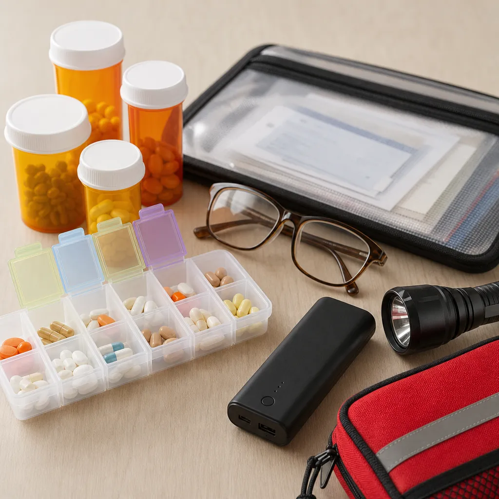 Senior personal-needs emergency supplies with medication organizer, prescription bottles, waterproof document pouch, spare glasses, battery backup, flashlight, and first-aid pouch