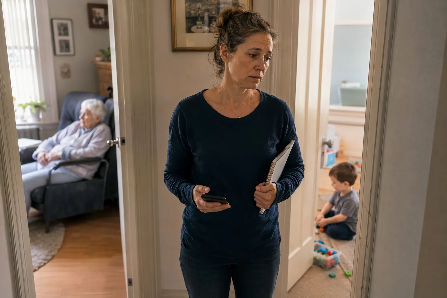 Exhausted woman standing between an elderly parent needing care and a young child with toys, holding a phone and notebook