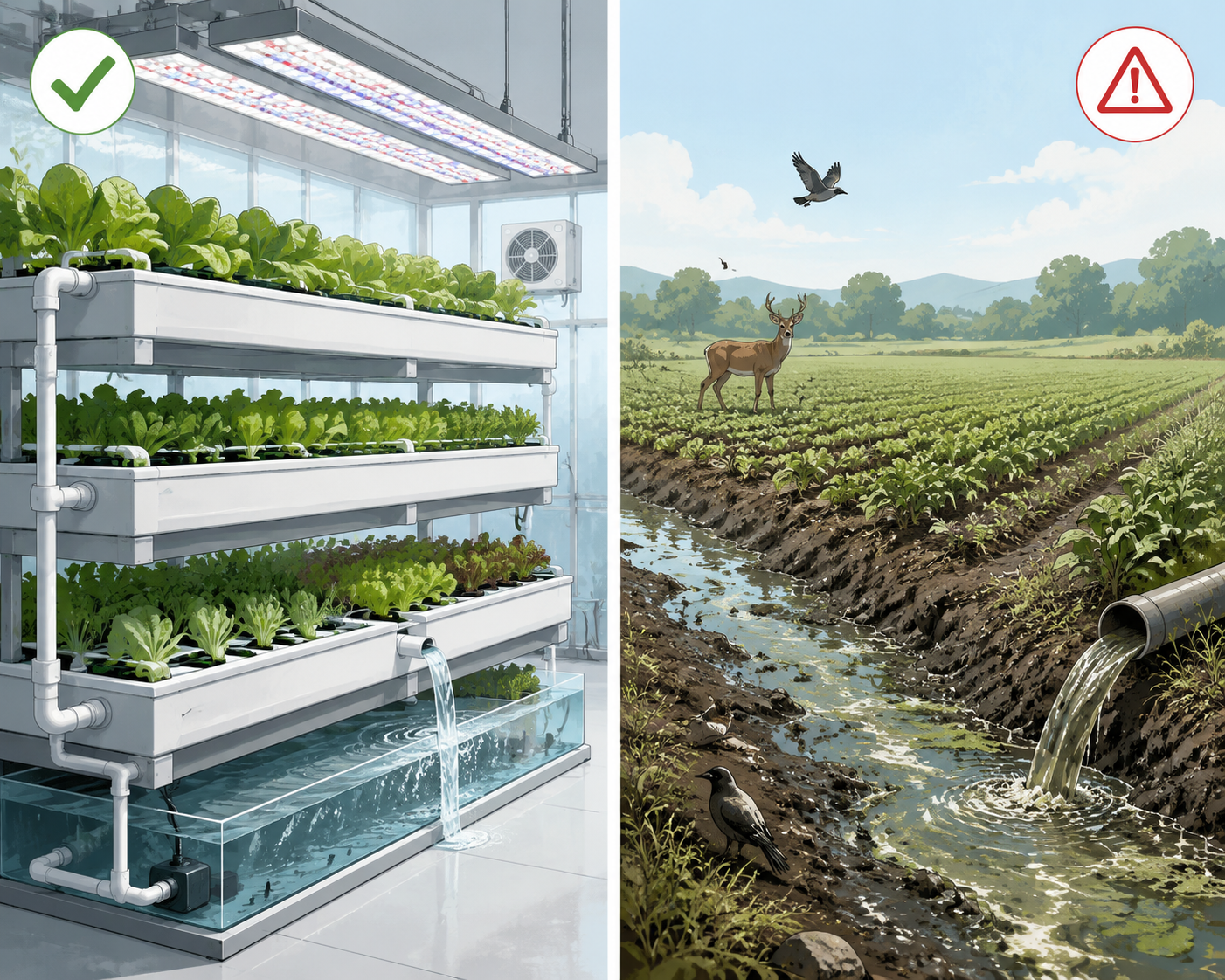 Split illustration comparing indoor greenhouse and outdoor field produce environments