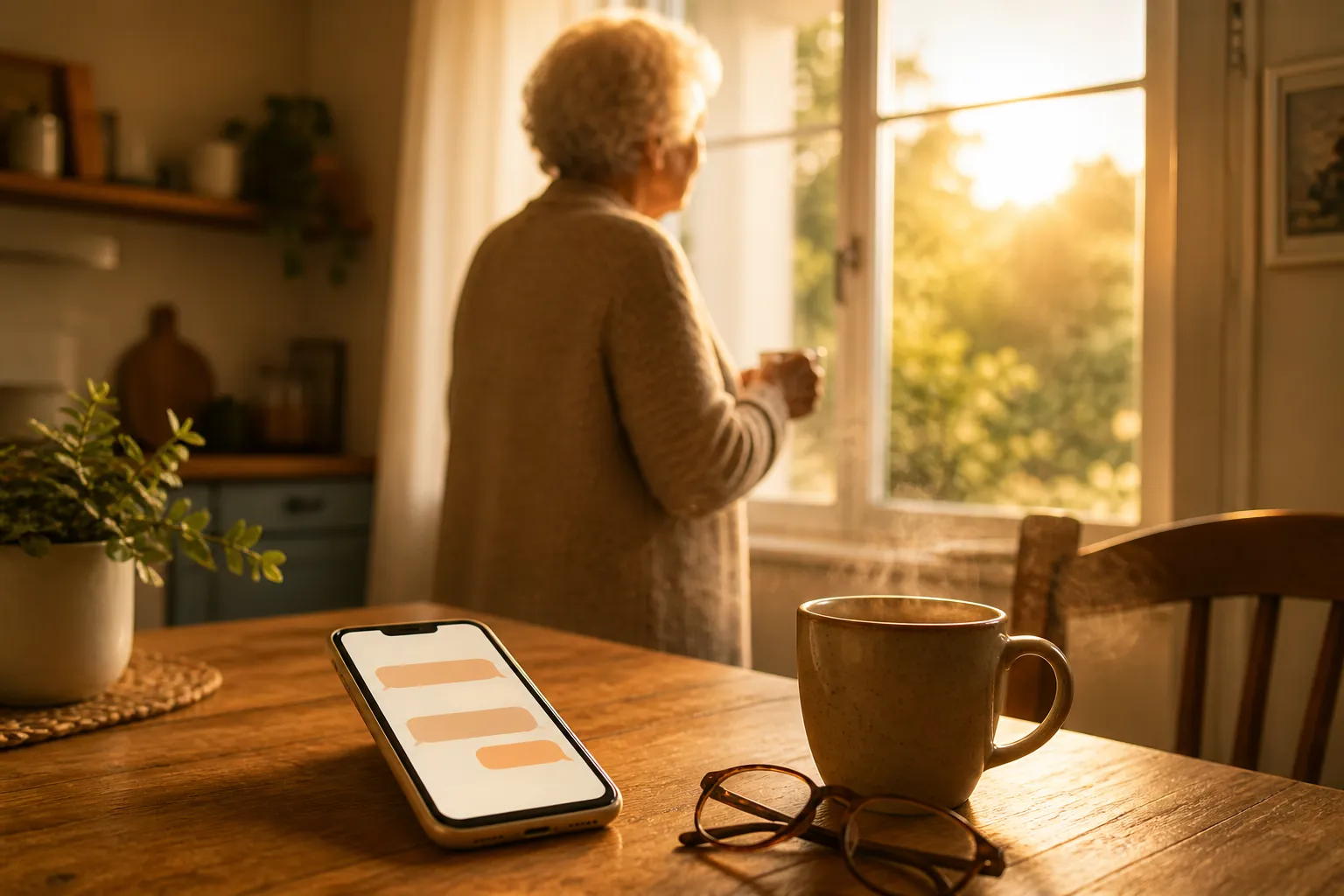 A morning kitchen table with a smartphone, coffee mug, reading glasses, and an older adult near a sunlit window