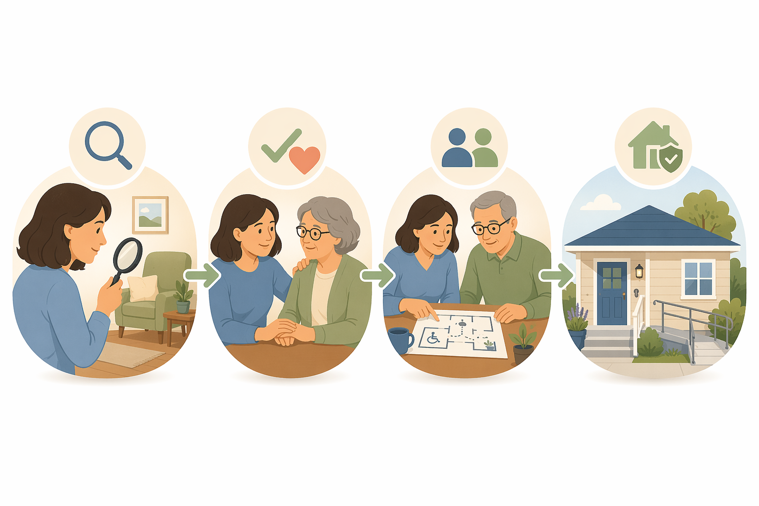 A flat vector illustration showing four sequential steps arranged left to right — Recognize (magnifying glass icon), Validate (heart and checkmark), Involve (two figures reviewing a plan), and Act (house with safety features) — connected by arrows.