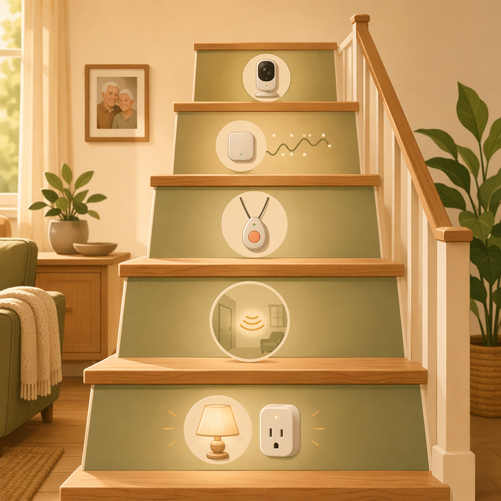 A warm-toned editorial illustration of an ascending ladder with five steps showing progressively more involved monitoring technology, from smart plugs to cameras.