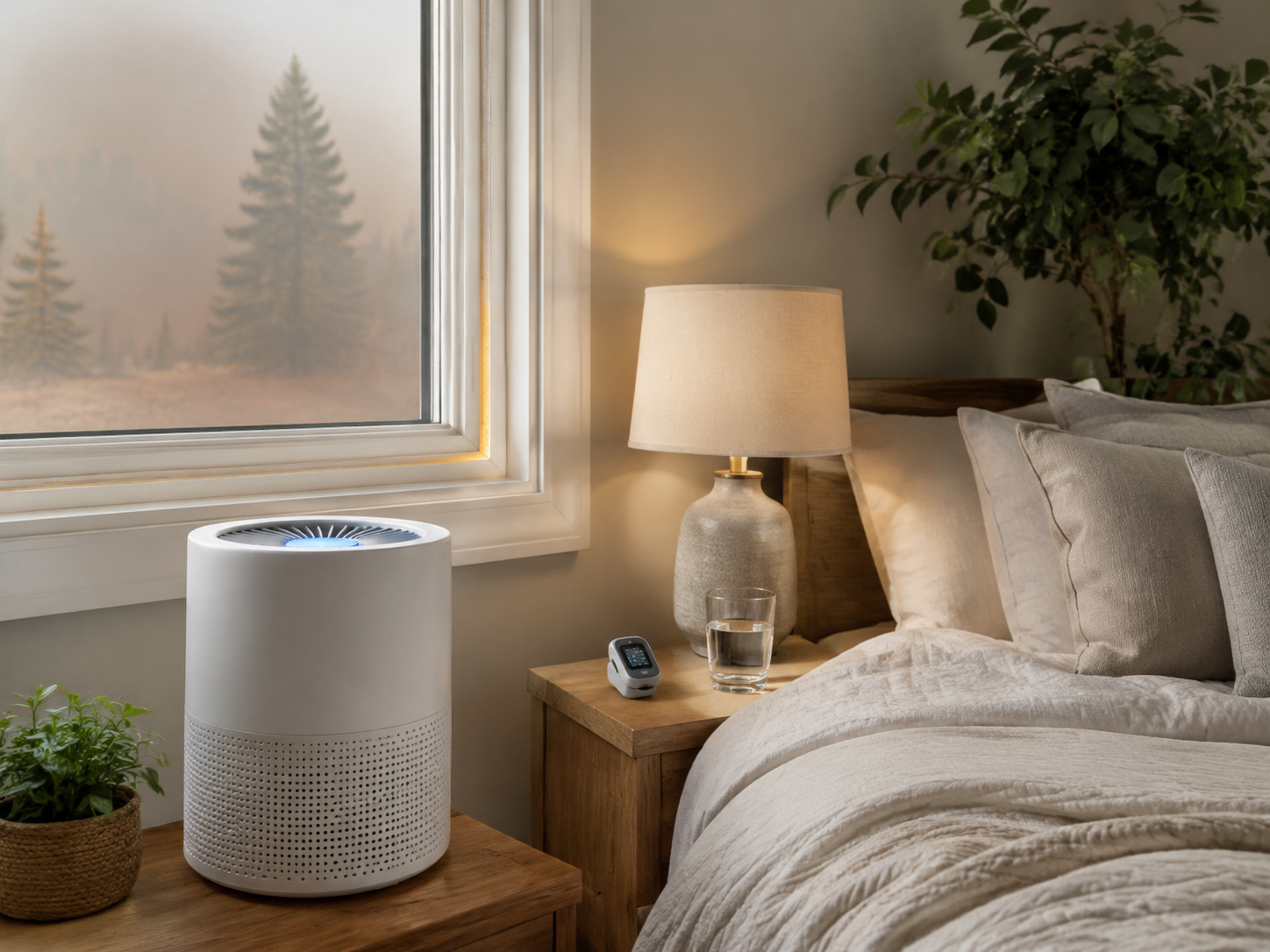 Senior bedroom prepared for wildfire smoke with HEPA purifier, sealed window, and pulse oximeter