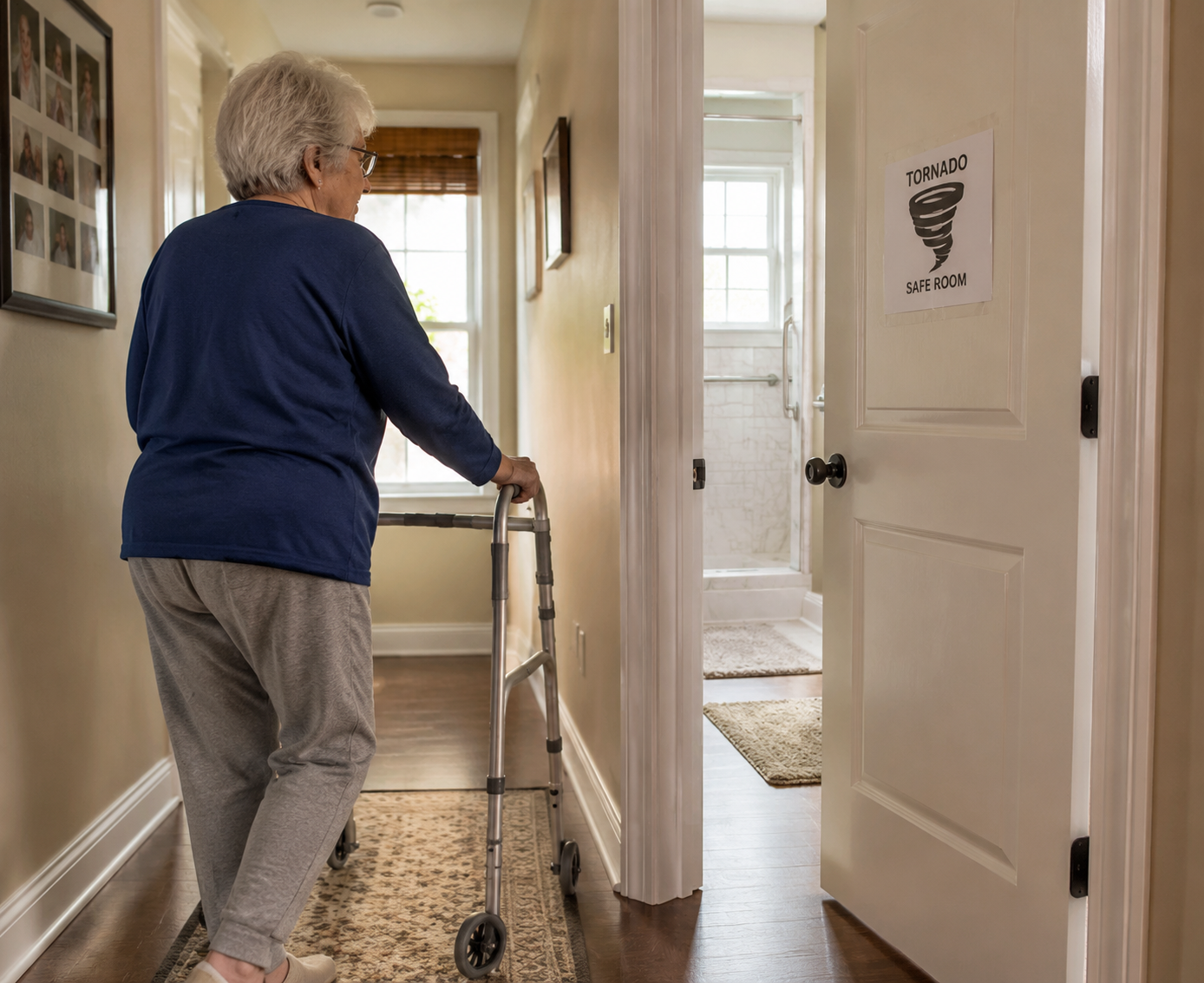 Older adult with a walker practicing a calm route toward an interior bathroom with a tornado cue card on the door