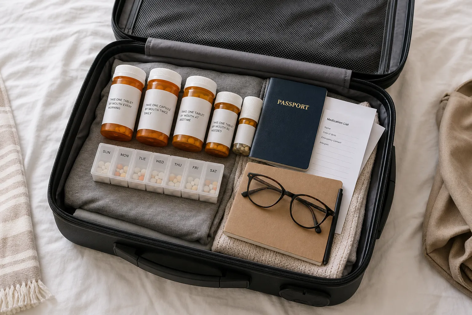 Carry-on suitcase with prescription bottles, pill organizer, passport, glasses, notebook, and documents