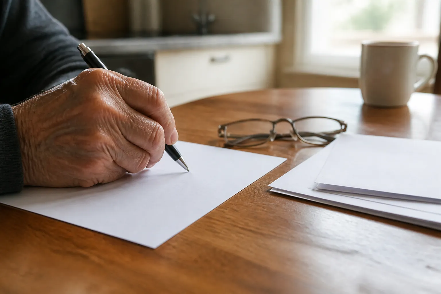 Older person holding a pen over a paper form with reading glasses nearby