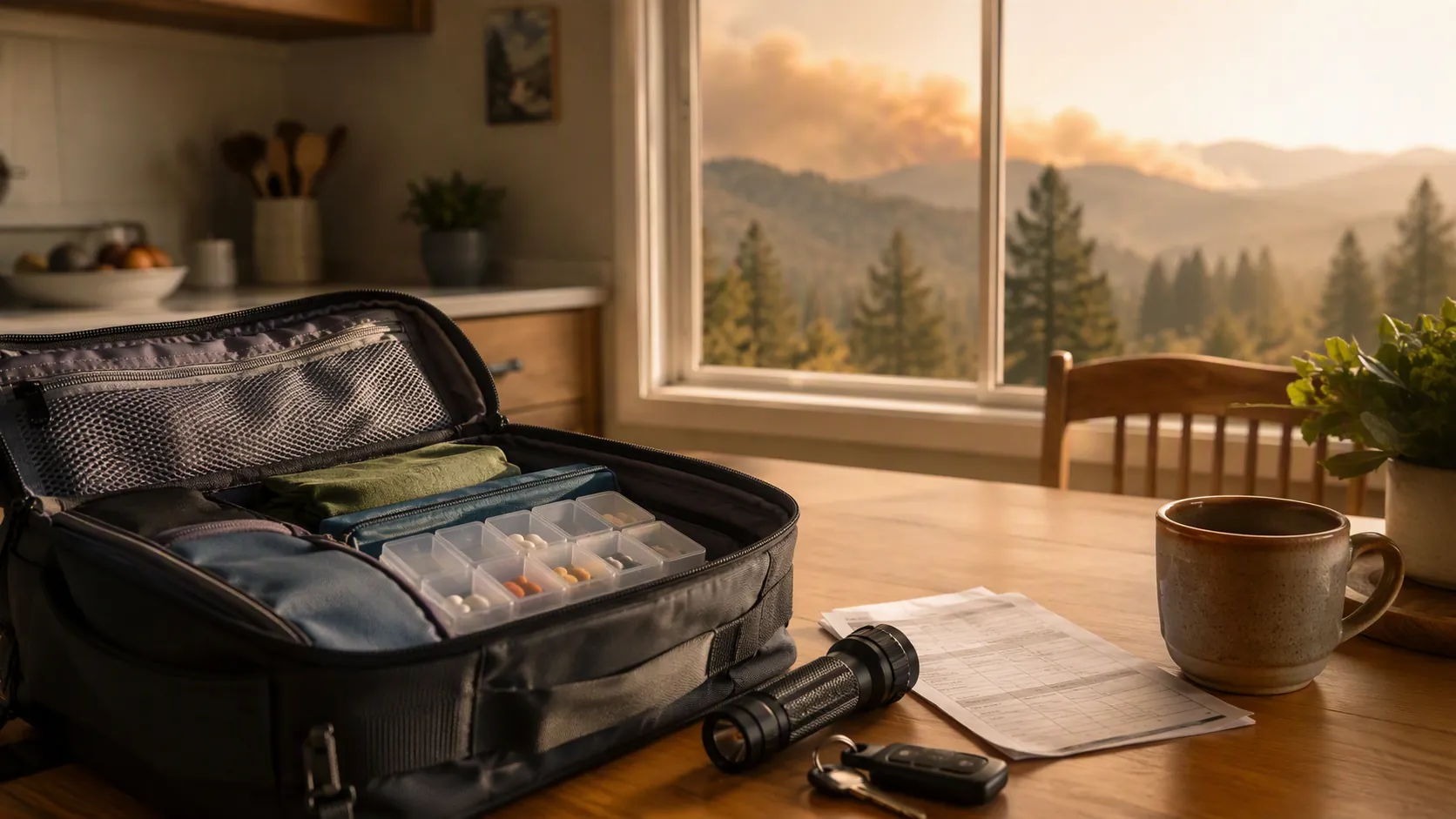 Open evacuation go-bag on a kitchen table with a pill organizer, flashlight, car keys, and folded paper contact list