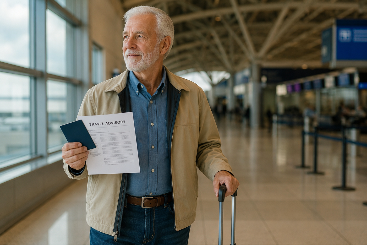 Senior traveler at an airport holding a passport and travel advisory document beside a carry-on suitcase