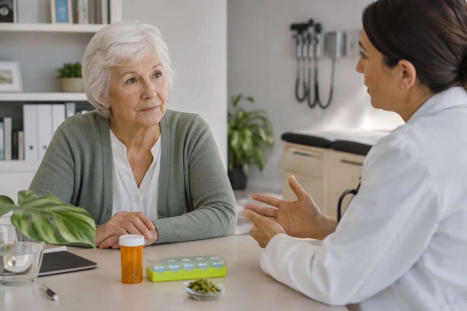 Older adult patient discussing cannabis and medications with a healthcare professional