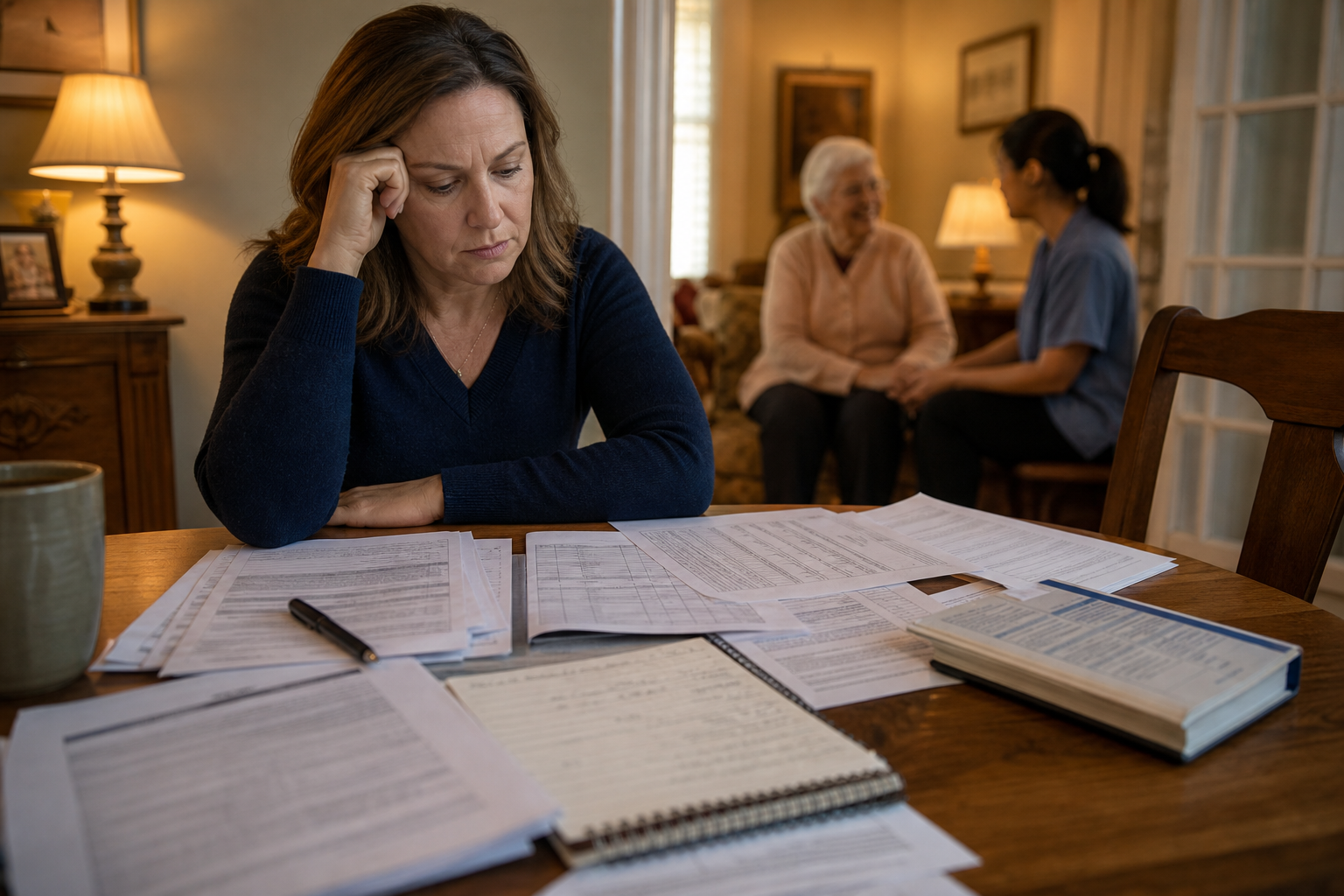 A wooden dining table covered with tax forms, a contract agreement, a payroll ledger, and IRS publications, with a caregiver and senior visible in the background.