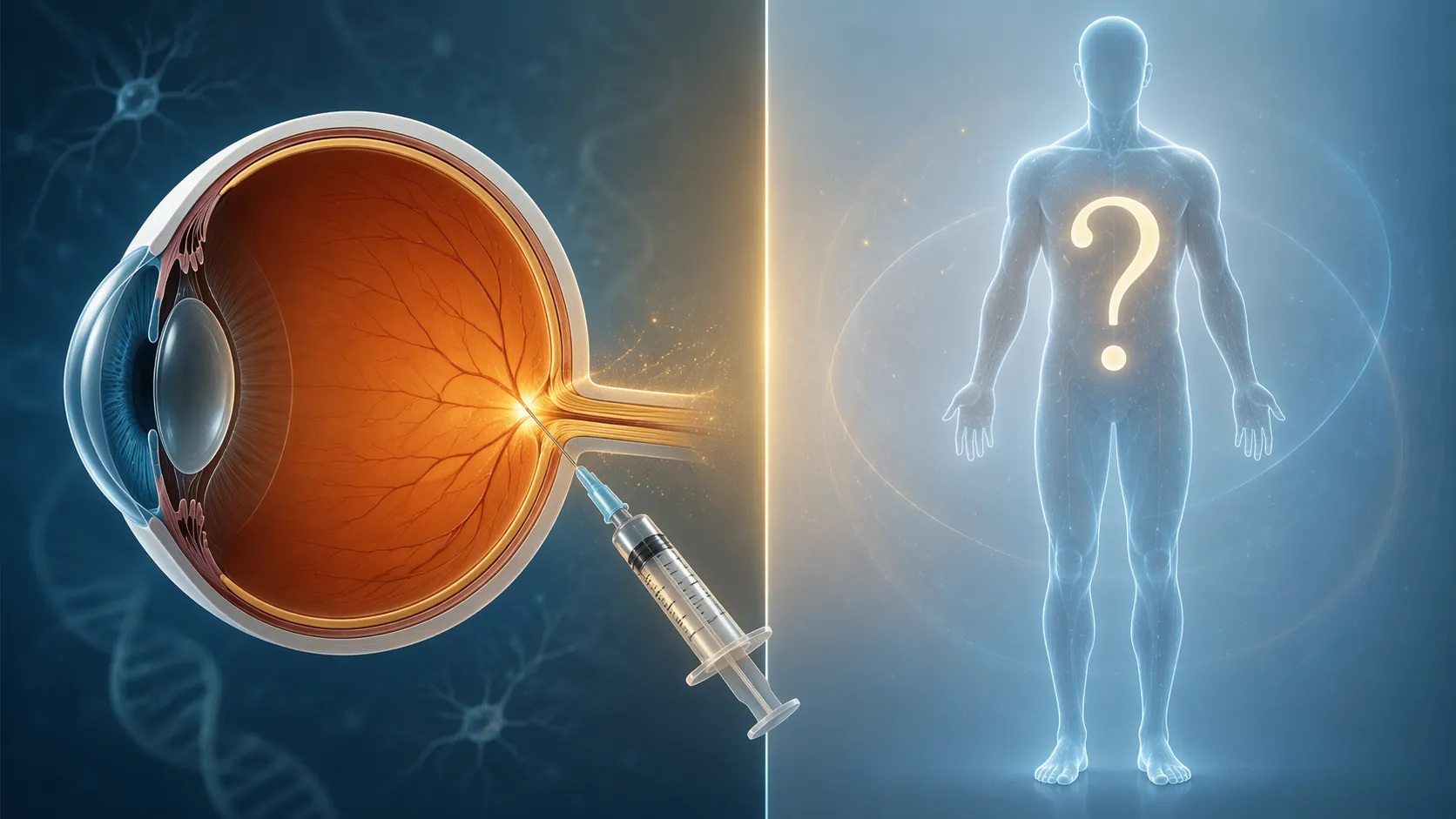 Split illustration showing a localized eye injection near the optic nerve on one side and a full-body silhouette with a question mark on the other