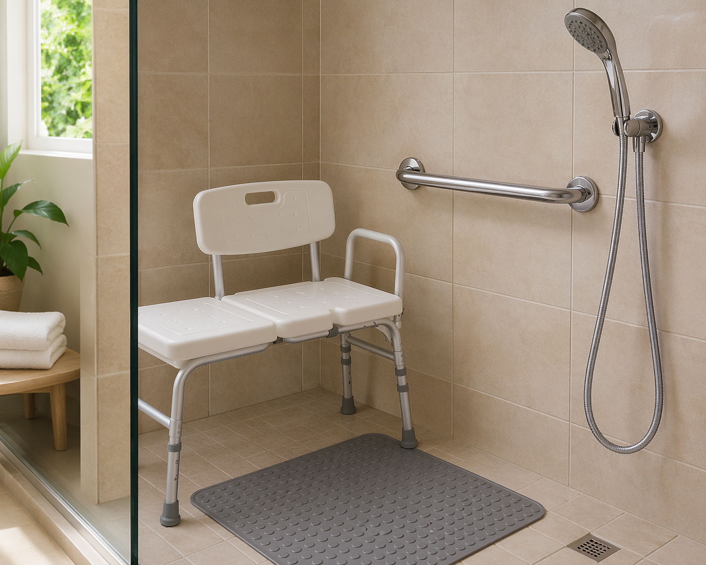 A clean bathroom shower scene with a white shower chair placed inside a tiled shower, a chrome grab bar mounted on the wall beside it, a handheld showerhead with chrome hose hanging from a wall dock, and a textured gray non-slip mat on the floor. No people present. Editorial product-scene style with warm natural lighting.