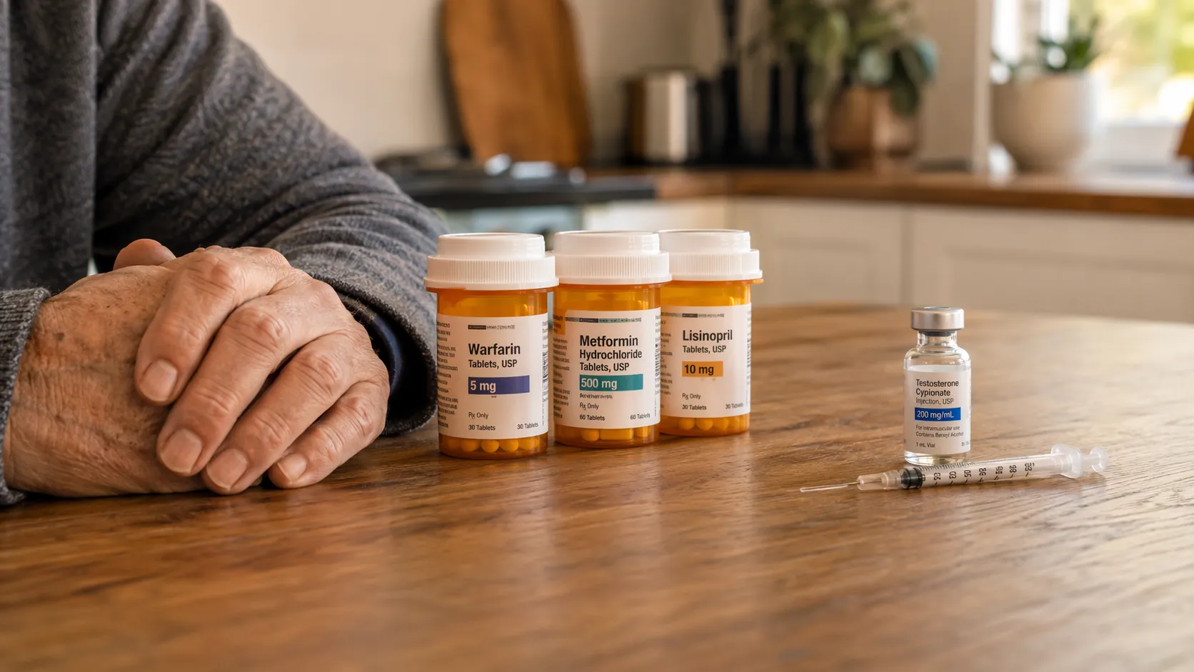 Older adult hands near organized prescription bottles with a vial and syringe set apart on a kitchen table