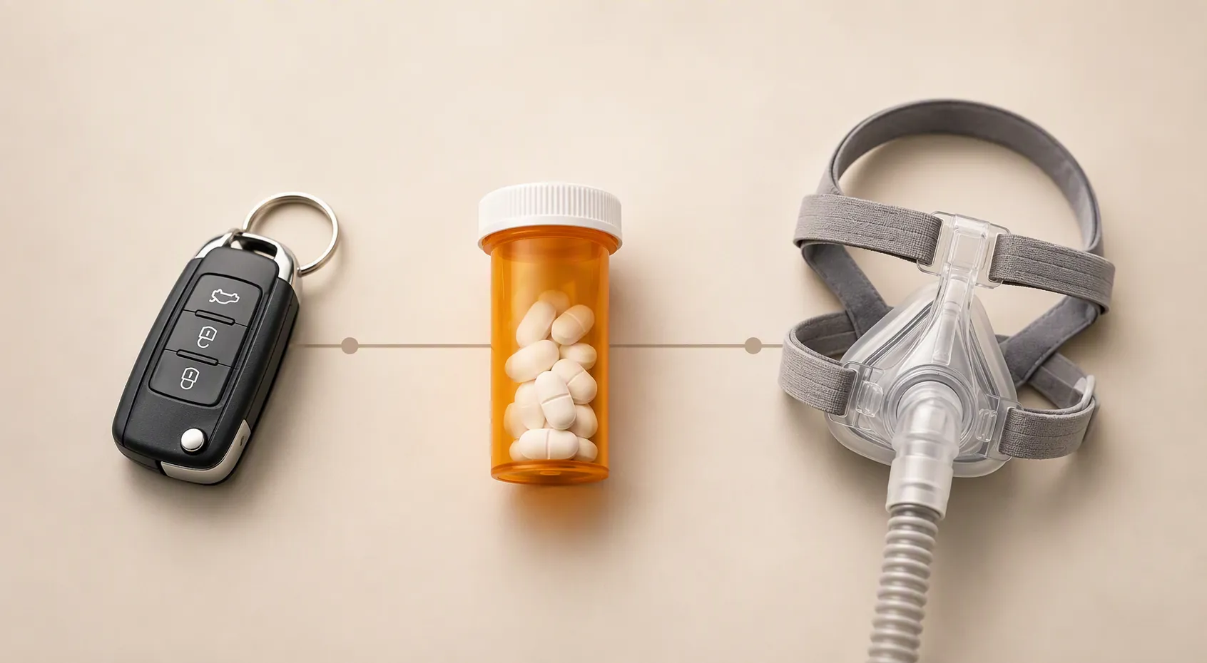 Car key fob, prescription bottle, and CPAP mask arranged together on a neutral surface