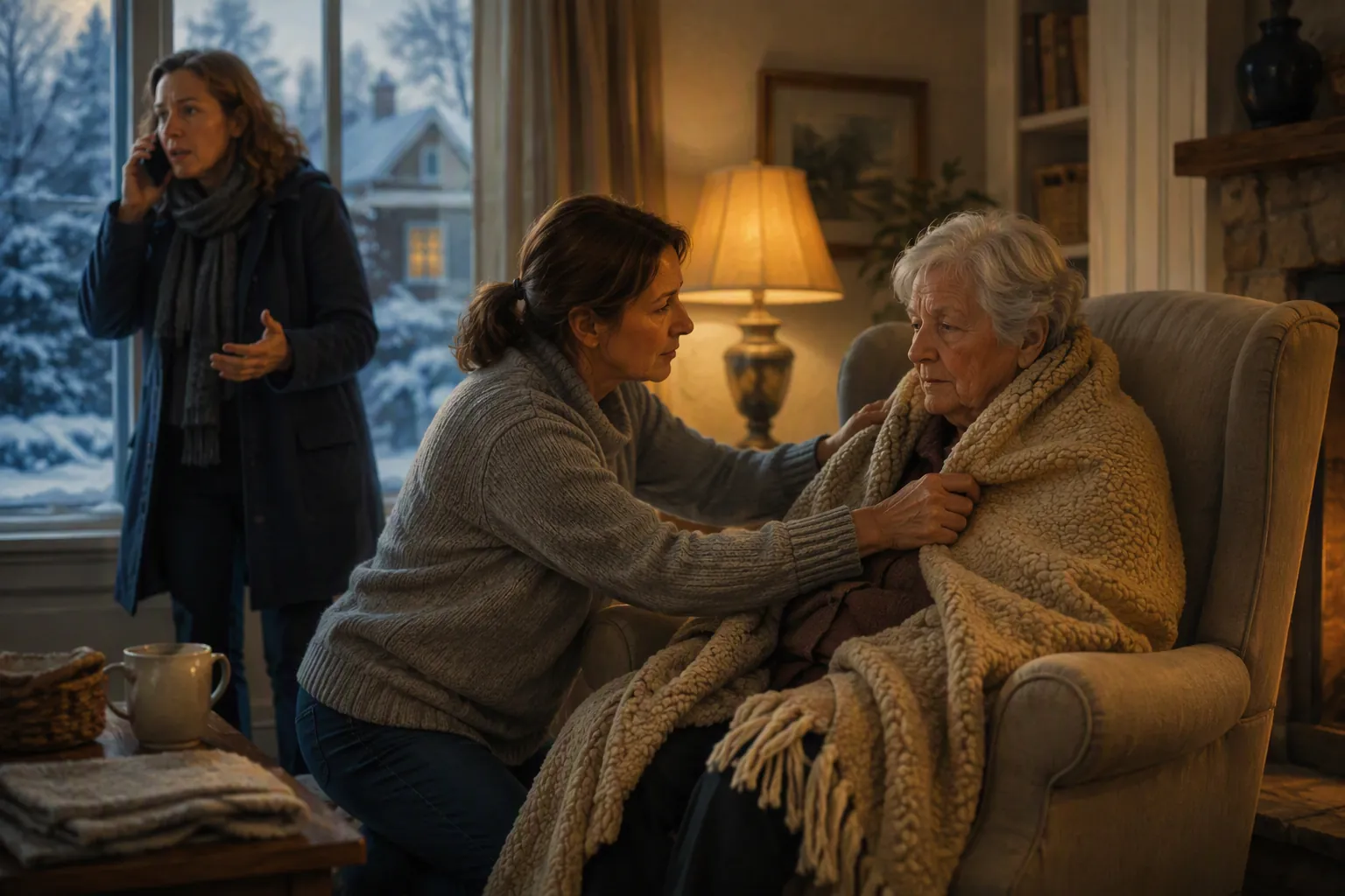 Caregiver wrapping an older adult in a blanket while another person calls for emergency help
