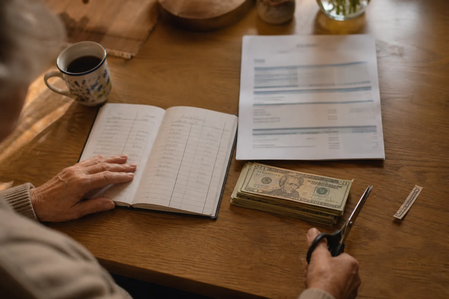Senior household budget ledger, benefit statement, dollar bills, and scissors showing a small cut in a fixed-income budget