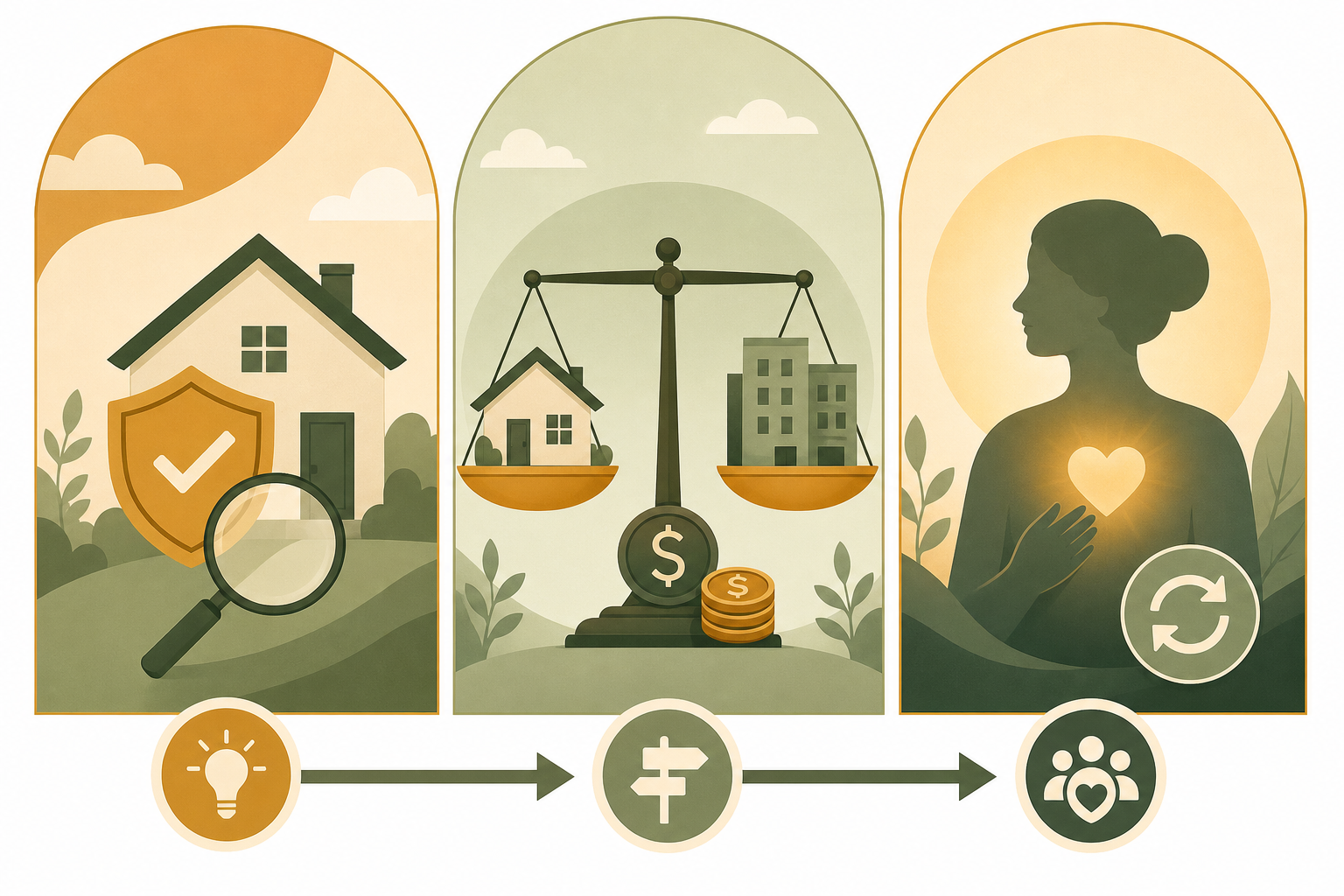 An editorial illustration with three connected panels: a home with a shield icon (safety), a scale balancing home and facility icons with dollar signs (cost), and a silhouette with a glowing heart and recharge symbol (caregiver capacity).