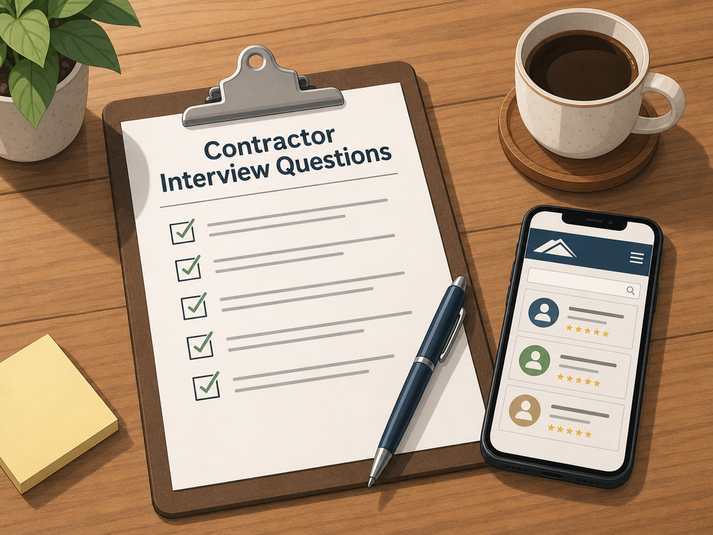 A clipboard with a checklist, a pen, and a smartphone showing a directory website on a wooden table, representing the preparation phase before hiring a contractor.