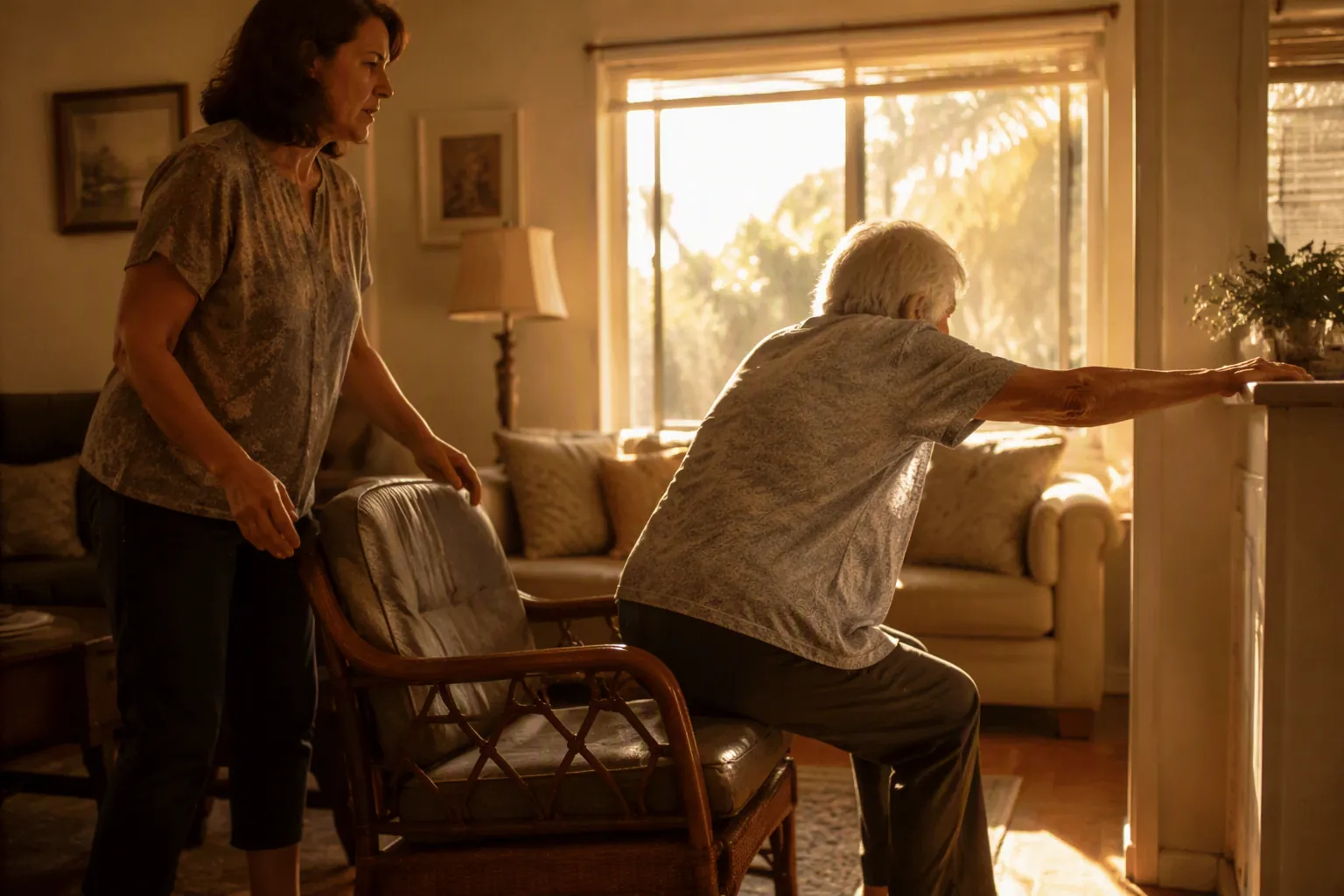 Older adult reaching for support in a sunlit living room while a caregiver watches with concern