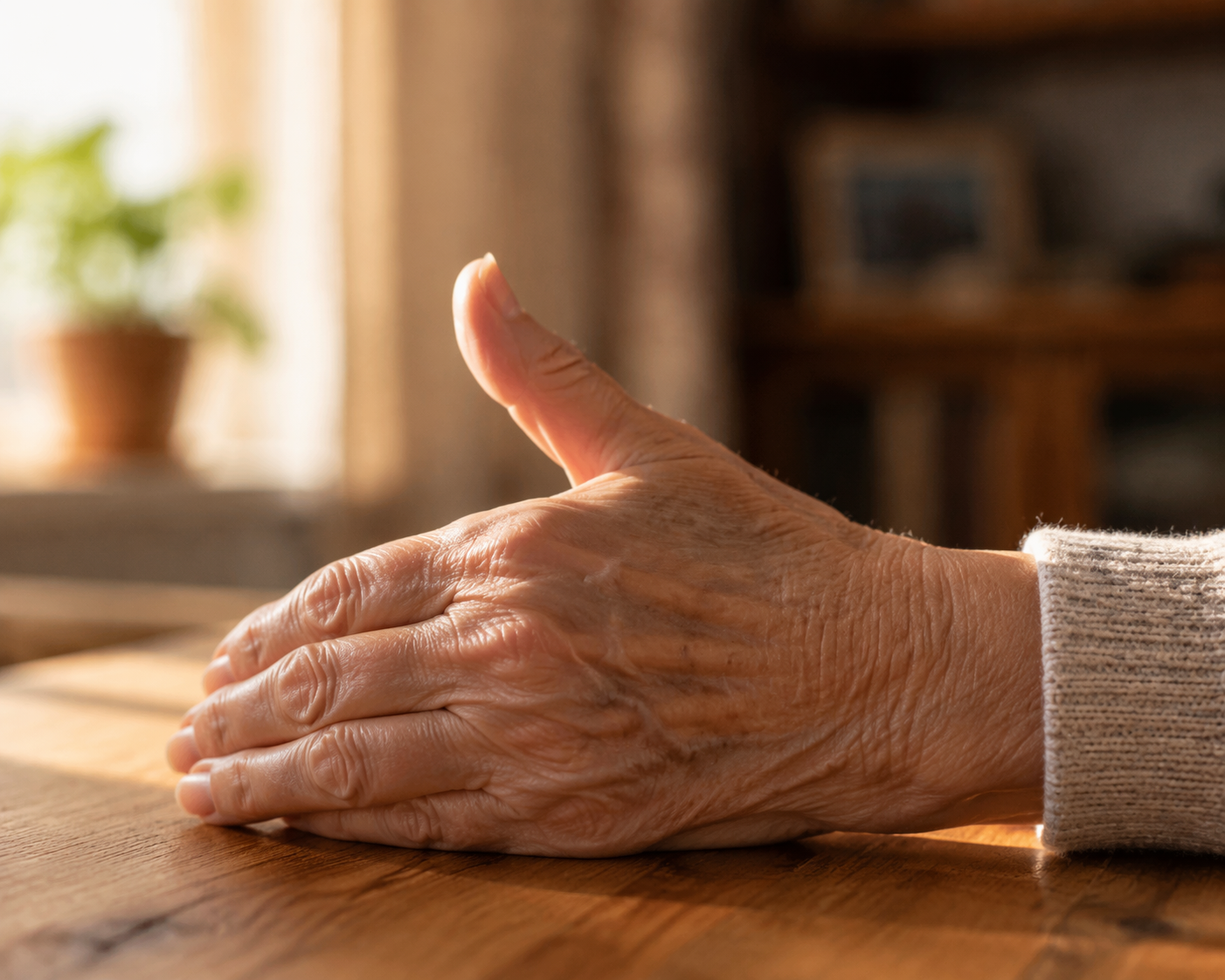 Elderly hand resting on a wooden table while the thumb lifts gently in a controlled stretch