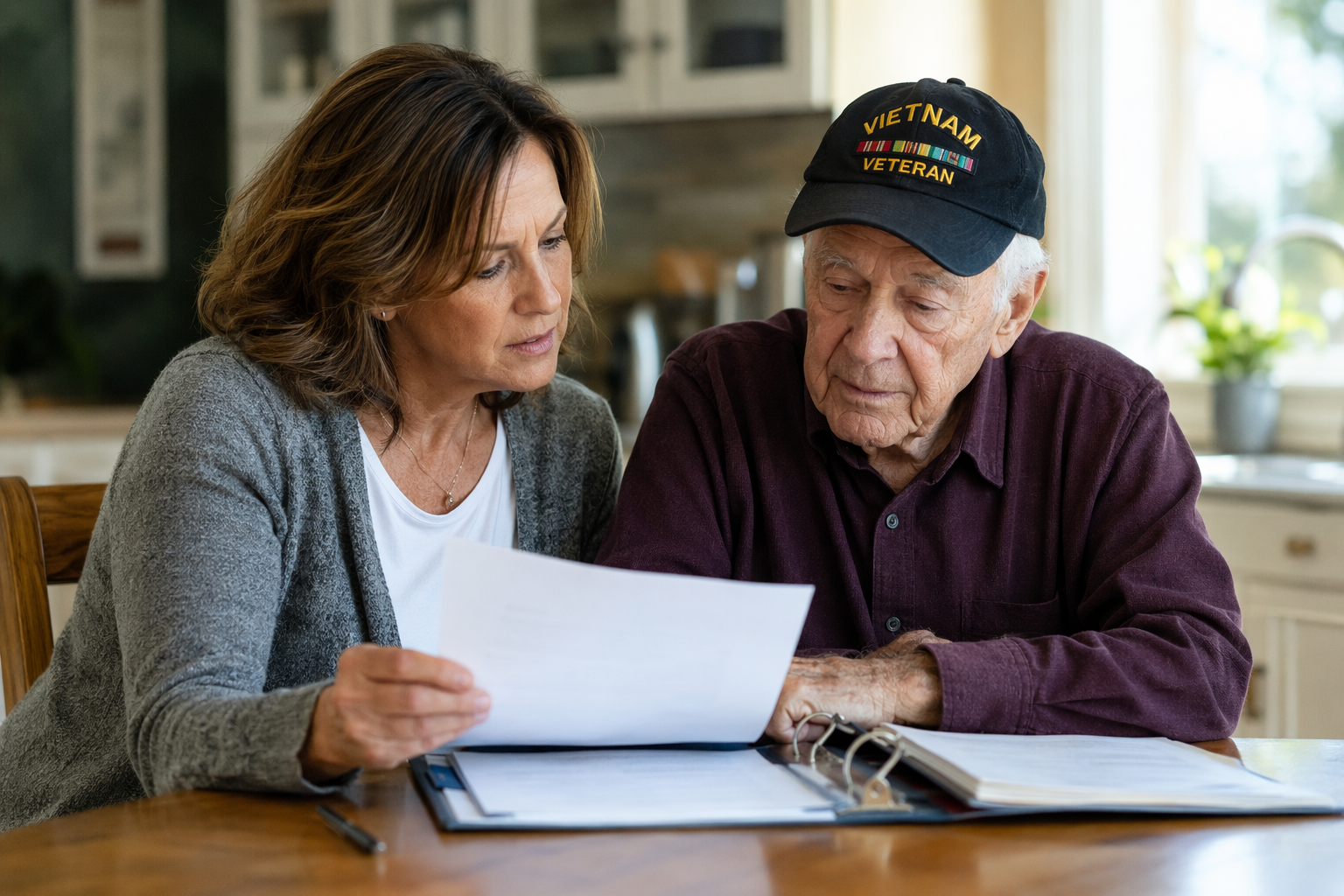 Adult daughter and older veteran reviewing benefits paperwork at a kitchen table