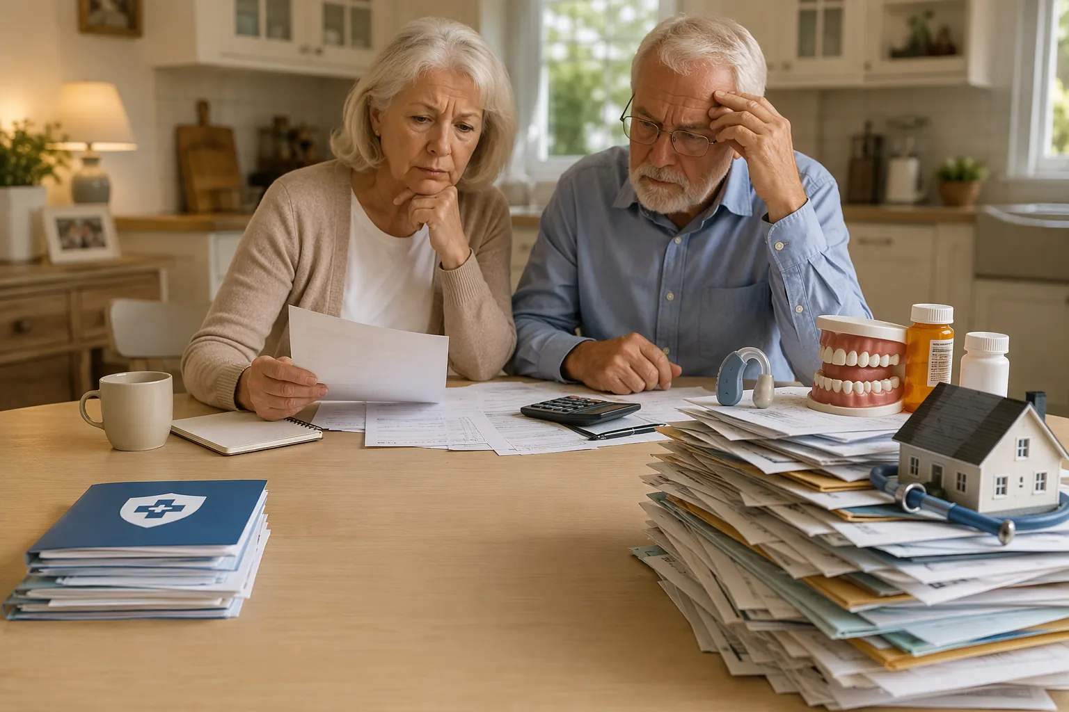 Older couple at a kitchen table with Medicare paperwork, bills, calculator, and a larger pile of uncovered healthcare costs