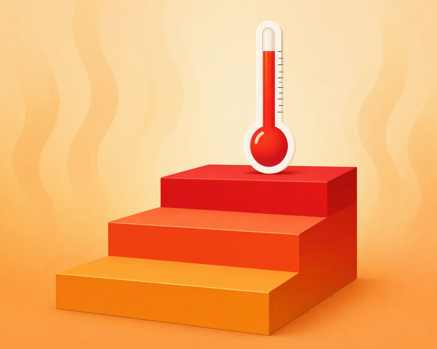 Three ascending warning-colored steps with a thermometer icon representing heat illness escalation