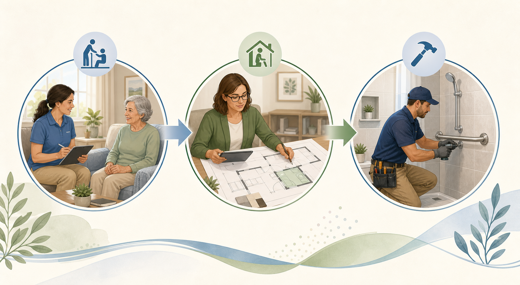 A three-panel editorial illustration showing the collaborative OT-to-CAPS-to-Contractor workflow: on the left, an occupational therapist assesses an older adult at home; in the center, a CAPS specialist reviews a floor plan; on the right, a contractor installs a grab bar in a bathroom.