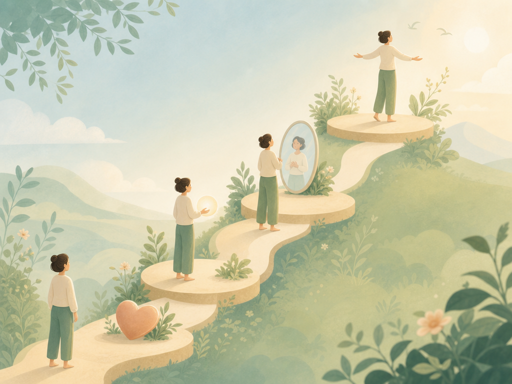 Four gentle rounded steps connected by paths, with a small figure at the bottom starting the journey and the same figure at the top standing with an open, peaceful posture.