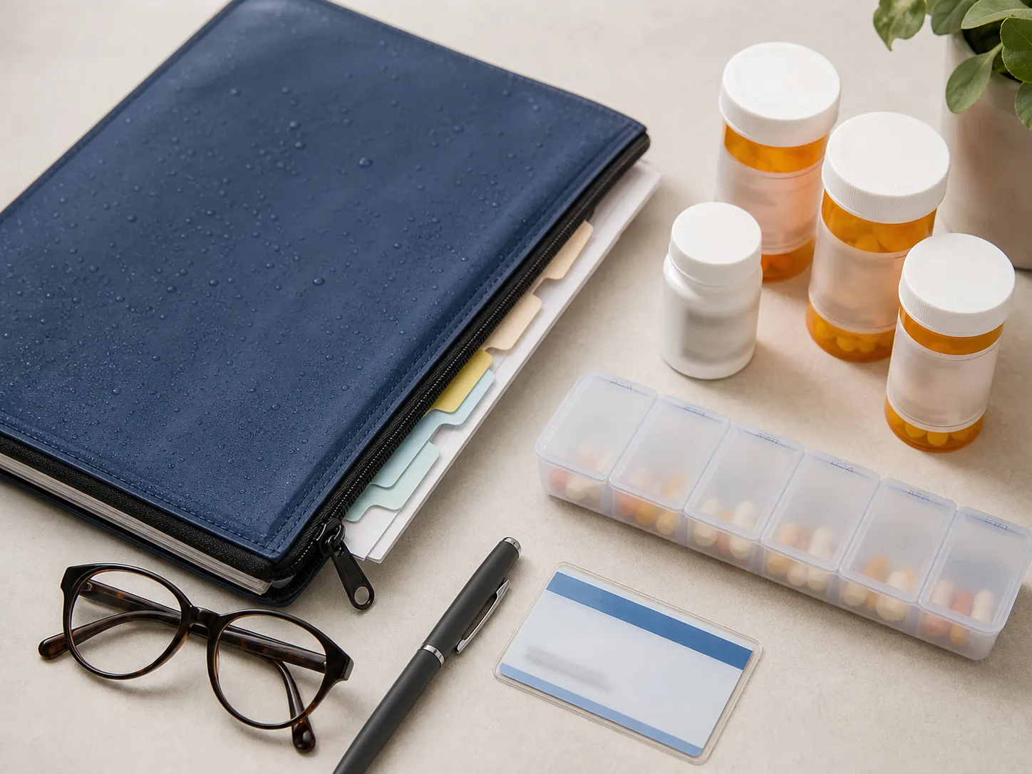 Waterproof document folder with prescription bottles, pill organizer, glasses, pen, and laminated card