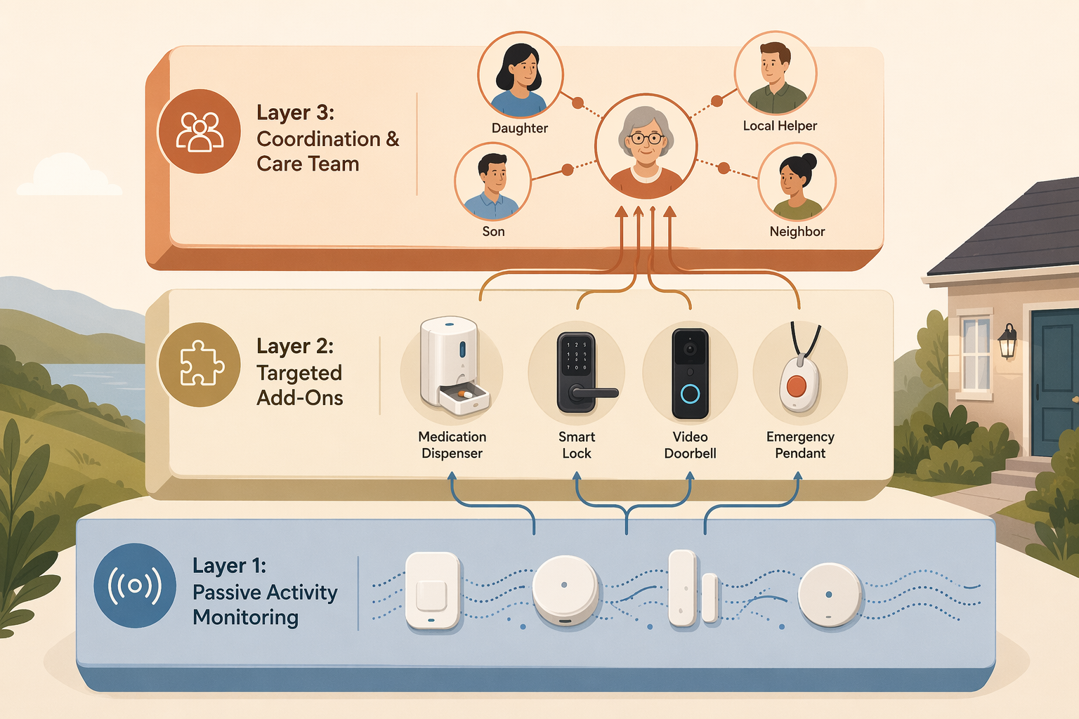 Three-layer stacked block diagram: bottom layer shows passive activity monitoring with motion sensor icons; middle layer shows targeted add-ons including medication, smart lock, doorbell, and emergency pendant icons; top layer shows the coordination team with silhouettes of family and local helpers connected by node lines.