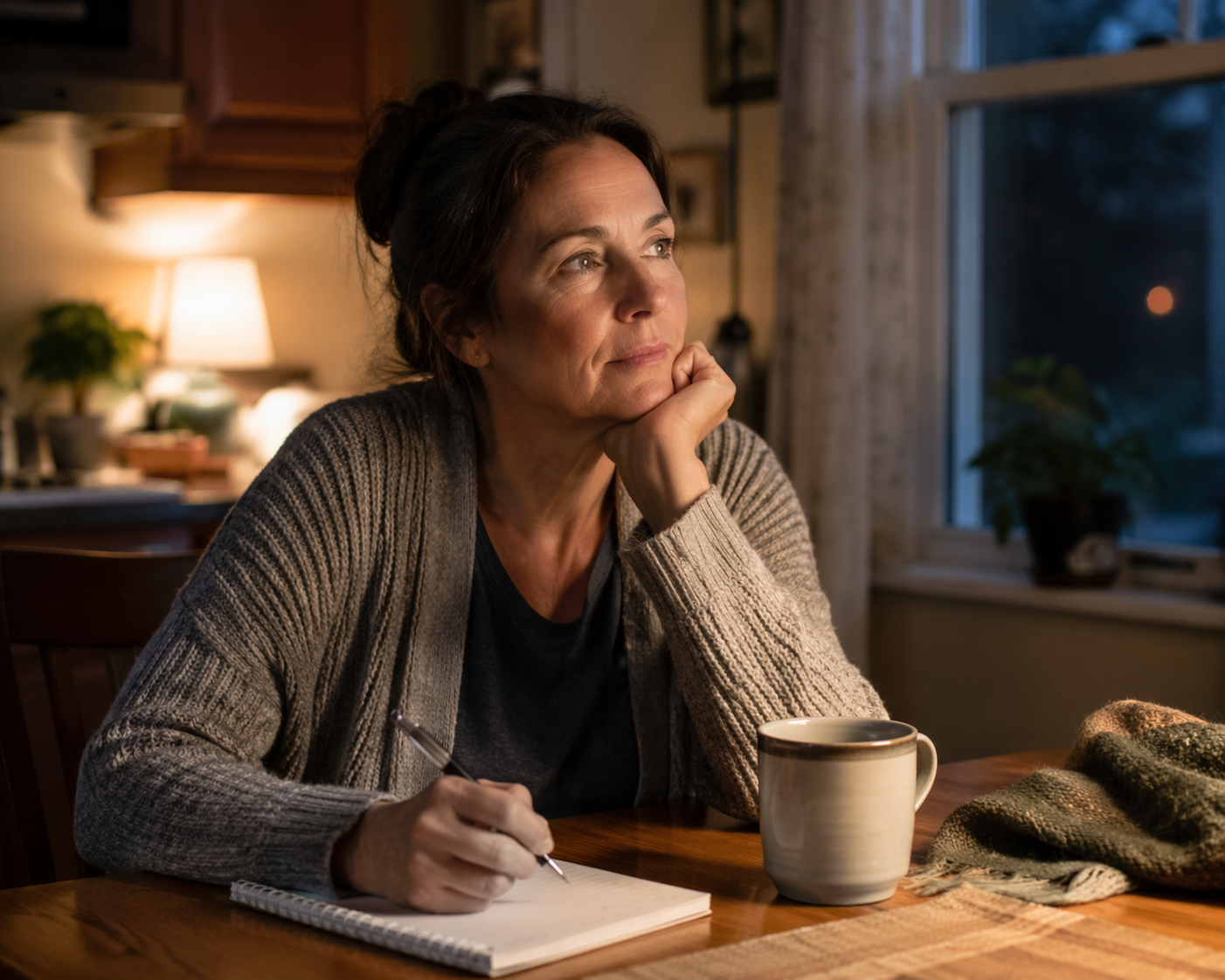 A caregiver sits at a kitchen table after a difficult episode and writes notes in a small notebook