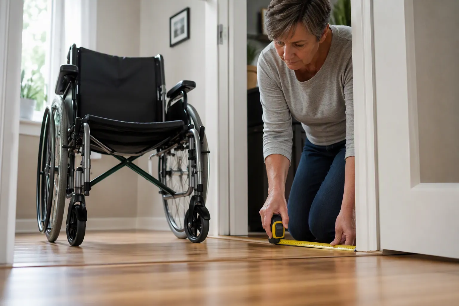 Caregiver measuring the threshold of a clear doorway beside a wheelchair in a tidy home hallway