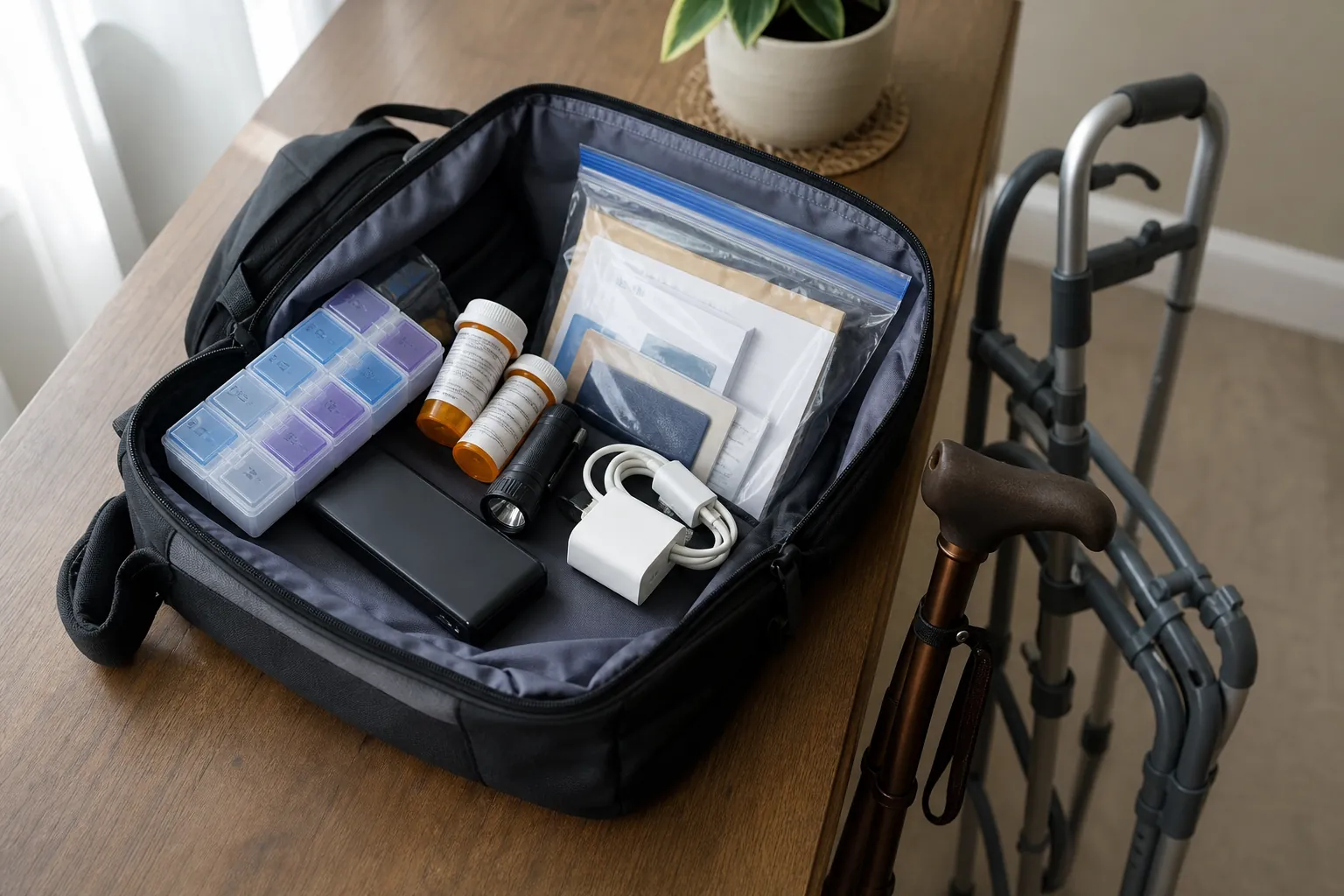 Emergency go-bag with pill organizer, prescription bottles, documents, flashlight, phone charger, power bank, cane, and walker
